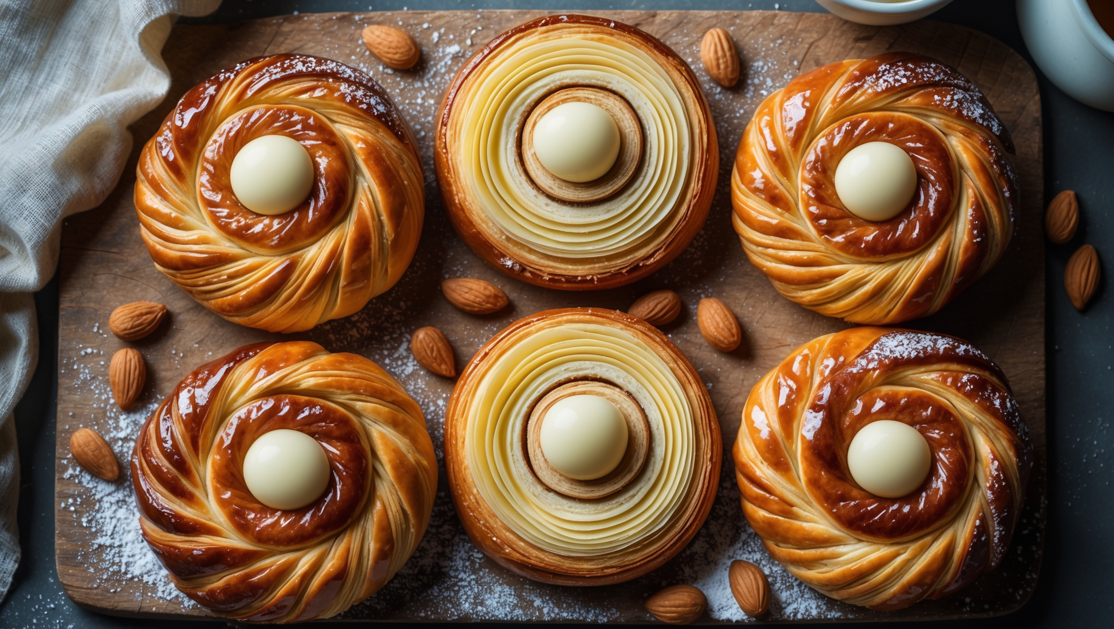 An overhead shot of six golden-brown Marzipan Danish pastries arranged on a rustic wooden board, with one cross-sectioned to reveal the light, flaky layers surrounding a pale yellow-white marzipan filling. Shot in soft natural morning light highlighting the intricate laminated layers and glossy sugar glaze that catches the light. Scattered almonds and a light dusting of powdered sugar add texture to the scene, while a small pot of tea and vintage linen napkin create a cozy breakfast setting. The distinctive spiral shape of each pastry showcases the expert folding technique, with visible caramelized edges and a shiny finish from the egg wash.
