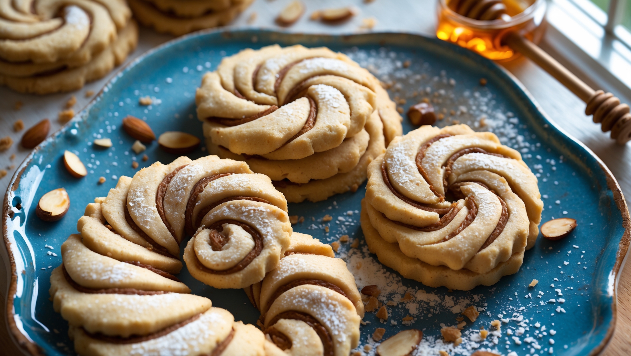 Overhead shot of golden-brown pinwheel cookies arranged in a spiral pattern on a vintage blue ceramic plate, with some stacked to showcase their distinctive swirl pattern. Shot in soft natural light streaming through a kitchen window, highlighting the contrast between the pale cookie dough and darker marzipan filling. Crumbs and a light dusting of powdered sugar add texture to the composition, while scattered almond slivers and a small jar of amber honey create context around the plate. A cross-section view reveals the delicate layers and perfect spiral of marzipan running through each cookie.