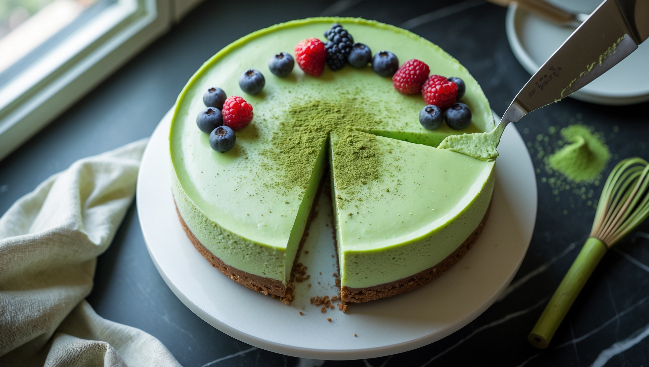 An overhead shot of a perfectly set matcha green tea cheesecake with its distinctive pale green hue, captured in soft natural light streaming through a kitchen window. The cross-section reveals a velvety smooth texture with a crisp graham cracker crust beneath. The cheesecake sits on a minimalist white cake stand against a dark marble surface, garnished with a light dusting of matcha powder and fresh berries for color contrast. A small bamboo whisk and scattered matcha powder create visual context, while a slice being removed shows the creamy interior clinging slightly to the knife – evidence of its perfect consistency.