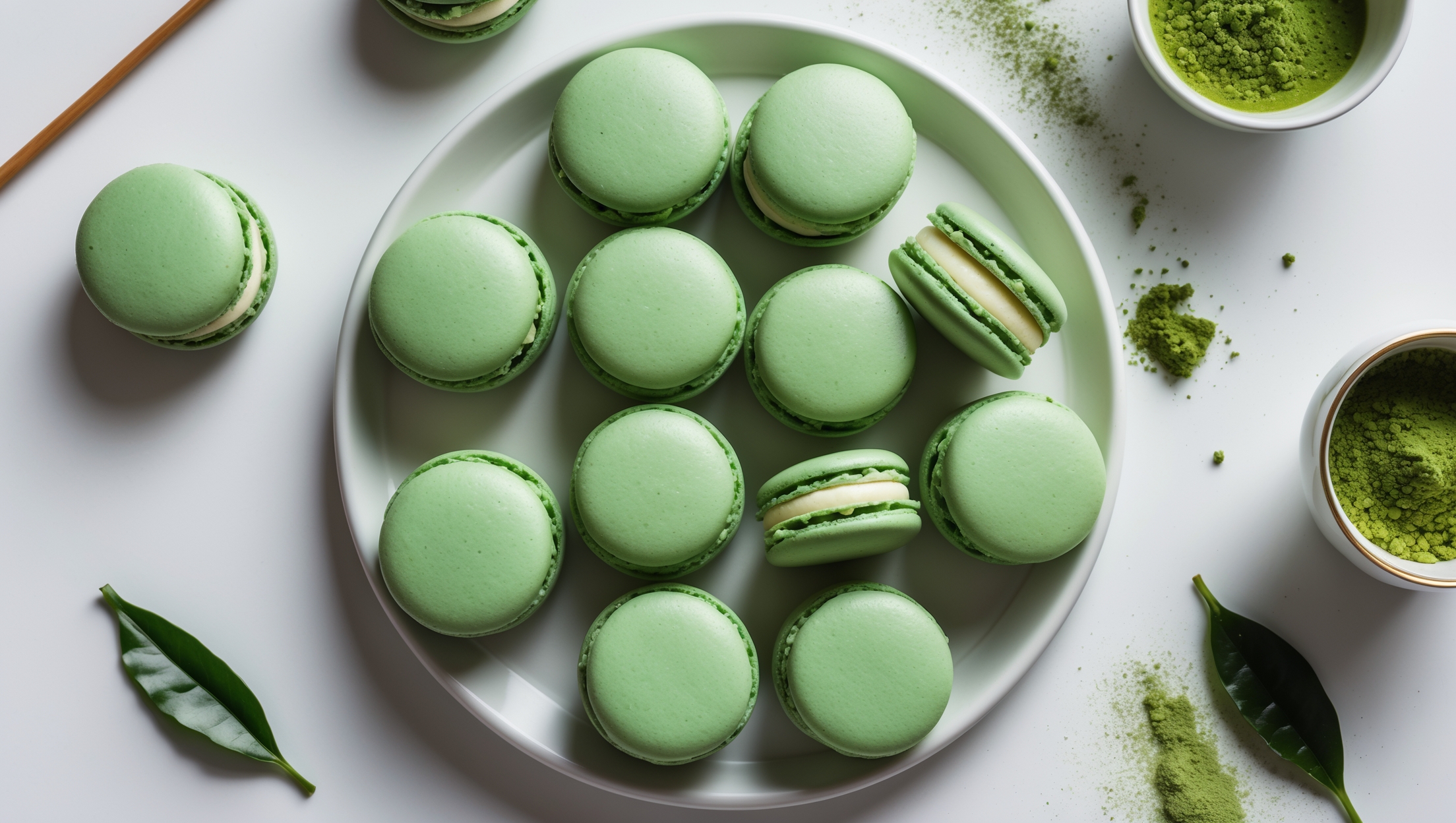 An overhead shot of perfectly formed matcha macarons arranged in a circular pattern on a minimalist white ceramic plate, their vibrant jade-green shells creating striking color contrast against the backdrop. A close-up reveals their smooth domed tops and characteristic "feet" at the base, while cross-section views expose the silky white chocolate ganache filling. Soft natural light streams in from the side, highlighting the macarons' slightly shimmery surface. Scattered matcha powder and a few whole tea leaves artfully frame the composition, while a delicate Japanese tea cup containing matcha appears in the corner, reinforcing the fusion theme.