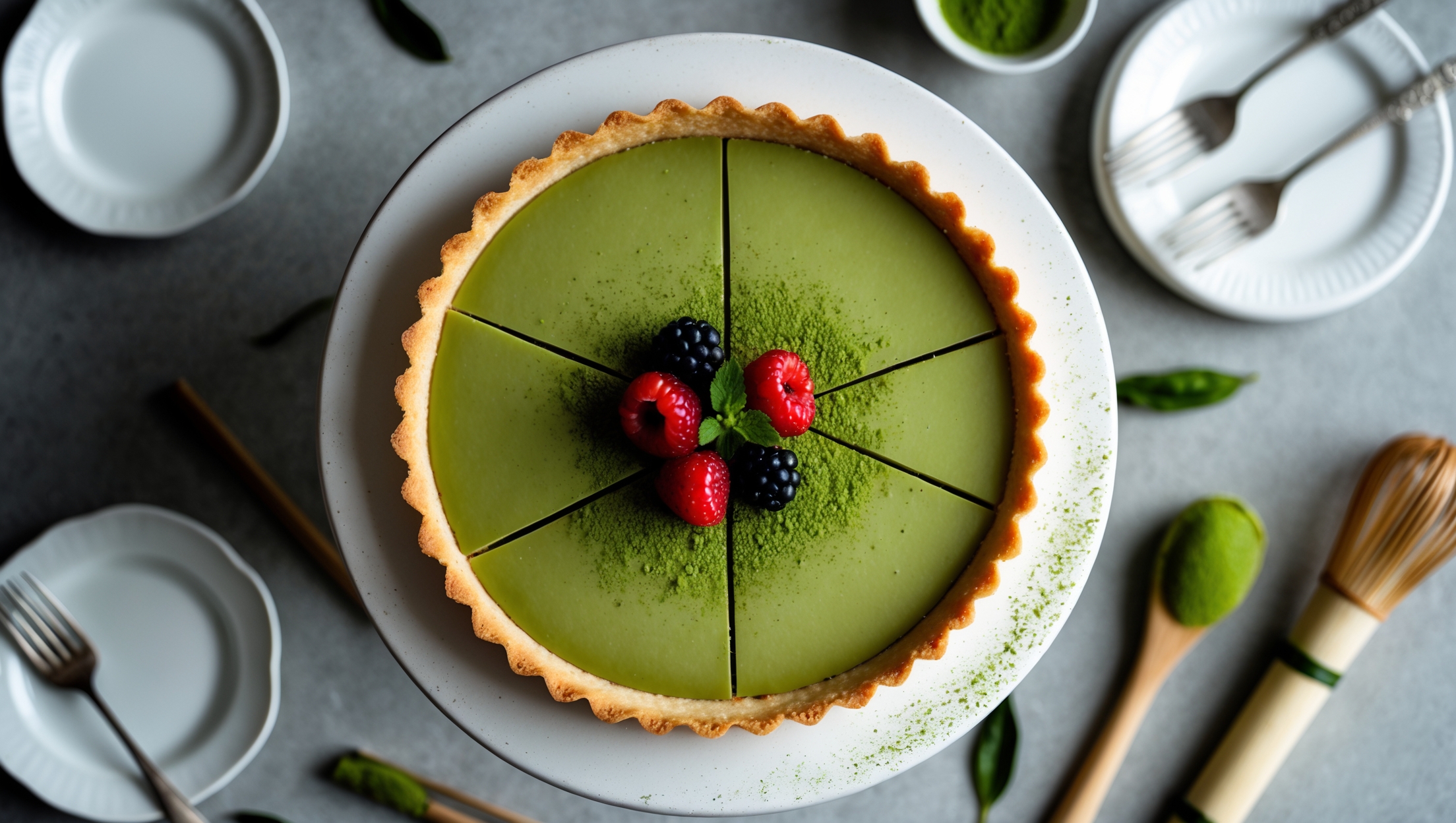 An overhead shot of a perfectly circular matcha custard tart with a rich jade-green surface and golden brown pastry edge, captured in soft natural light that enhances its velvety texture. A cross-section reveals the contrast between the crisp, flaky crust and the smooth, creamy matcha filling. Styled on a white ceramic cake stand garnished with a light dusting of matcha powder and fresh berries for color contrast. Small white porcelain plates and vintage silver forks sit nearby, suggesting the tart is ready to be served, while scattered tea leaves and a traditional bamboo matcha whisk frame the composition, hinting at the authentic tea flavor within.
