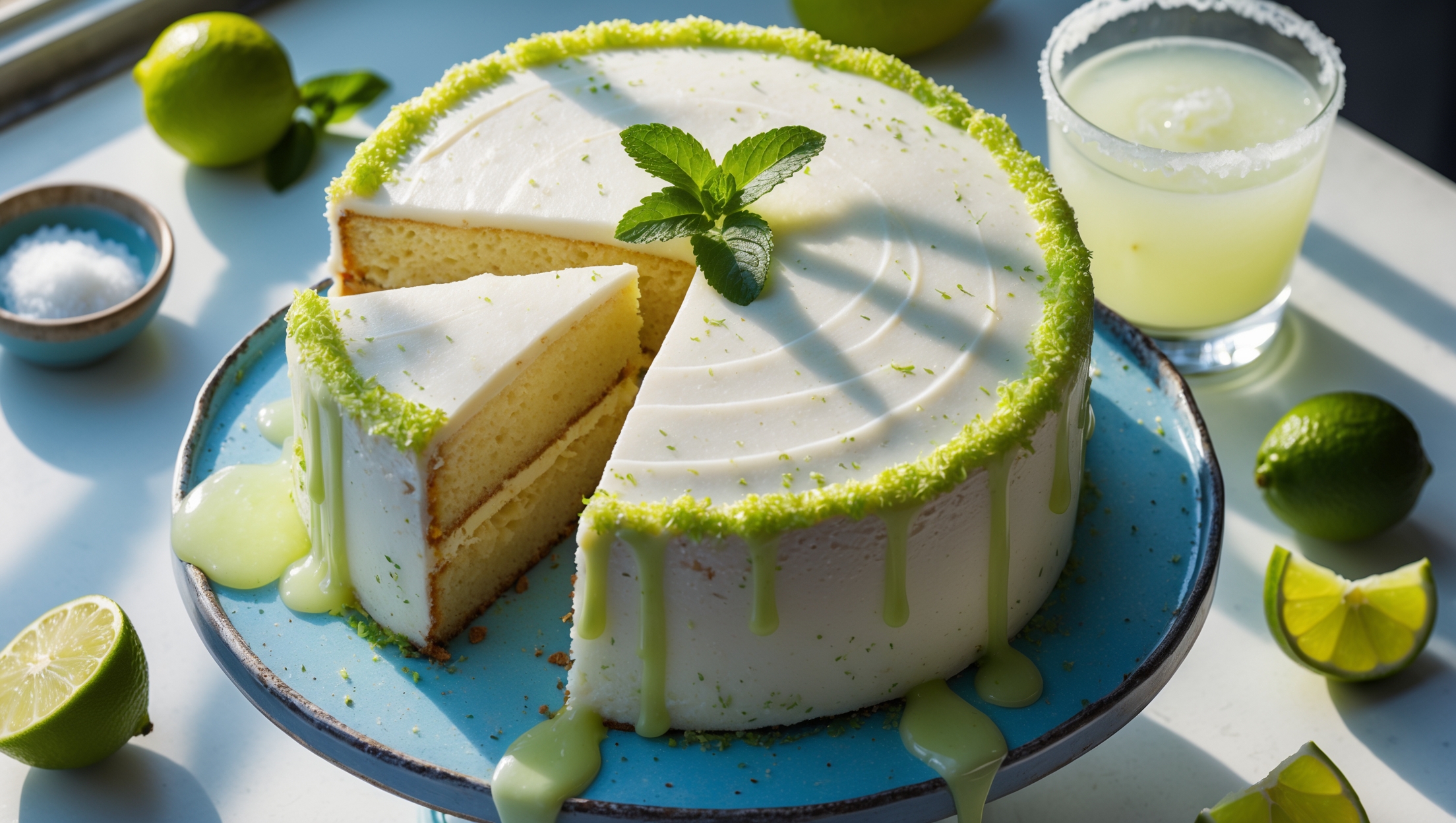 An overhead shot of a rustic white-frosted Margarita Cake on a blue ceramic cake stand, with sunlight streaming through a nearby window. The cake features a lime-flecked buttercream with a salt-sugar rim decorating the top edge, mimicking the classic cocktail. A cross-section reveals a moist, tender crumb with subtle specks of lime zest throughout. Surrounding the cake are fresh lime wedges, a small bowl of flaky sea salt, and a cut lime showing its juicy interior. A drizzle of tequila-lime glaze cascades down one side, catching the light and highlighting the cake's moist texture. The scene is completed with a sprig of fresh mint and a vintage cocktail glass in the background, suggesting the inspiration behind this boozy baked creation.