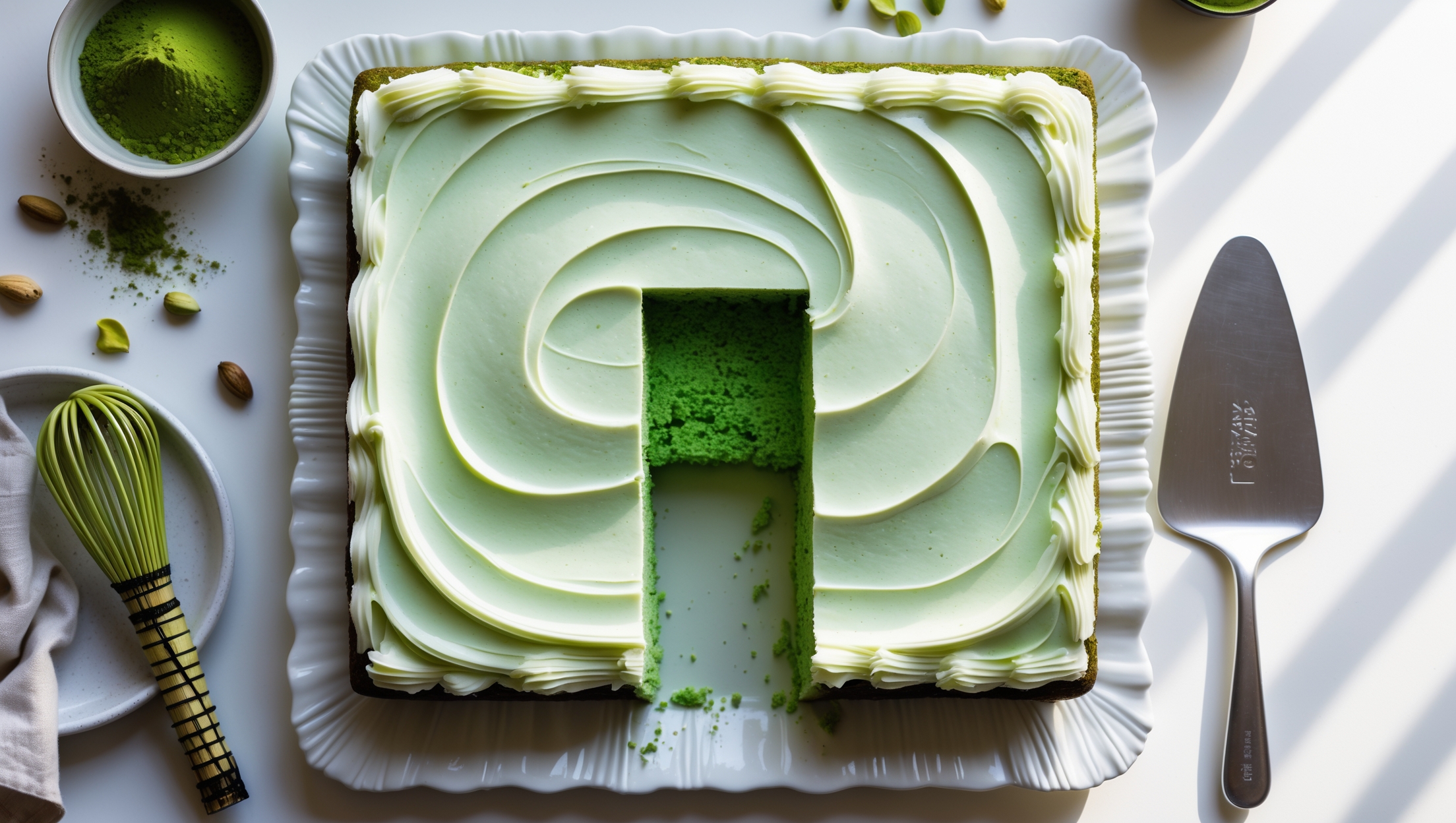 An overhead shot of a perfectly rectangular matcha sheet cake on a white ceramic platter, showing its vibrant jade-green interior through a clean-cut slice being removed. The cake's surface is covered with a smooth layer of white cream cheese frosting, creating a striking color contrast against the emerald crumb. Soft natural light streams in from the side, highlighting the cake's moist texture and the delicate swirls in the frosting. A small bowl of vibrant matcha powder and a traditional bamboo whisk sit nearby, with a few scattered pistachios and crystallized ginger providing subtle styling elements. A silver cake server rests beside the platter, ready to serve the next piece of this Japanese-inspired dessert.