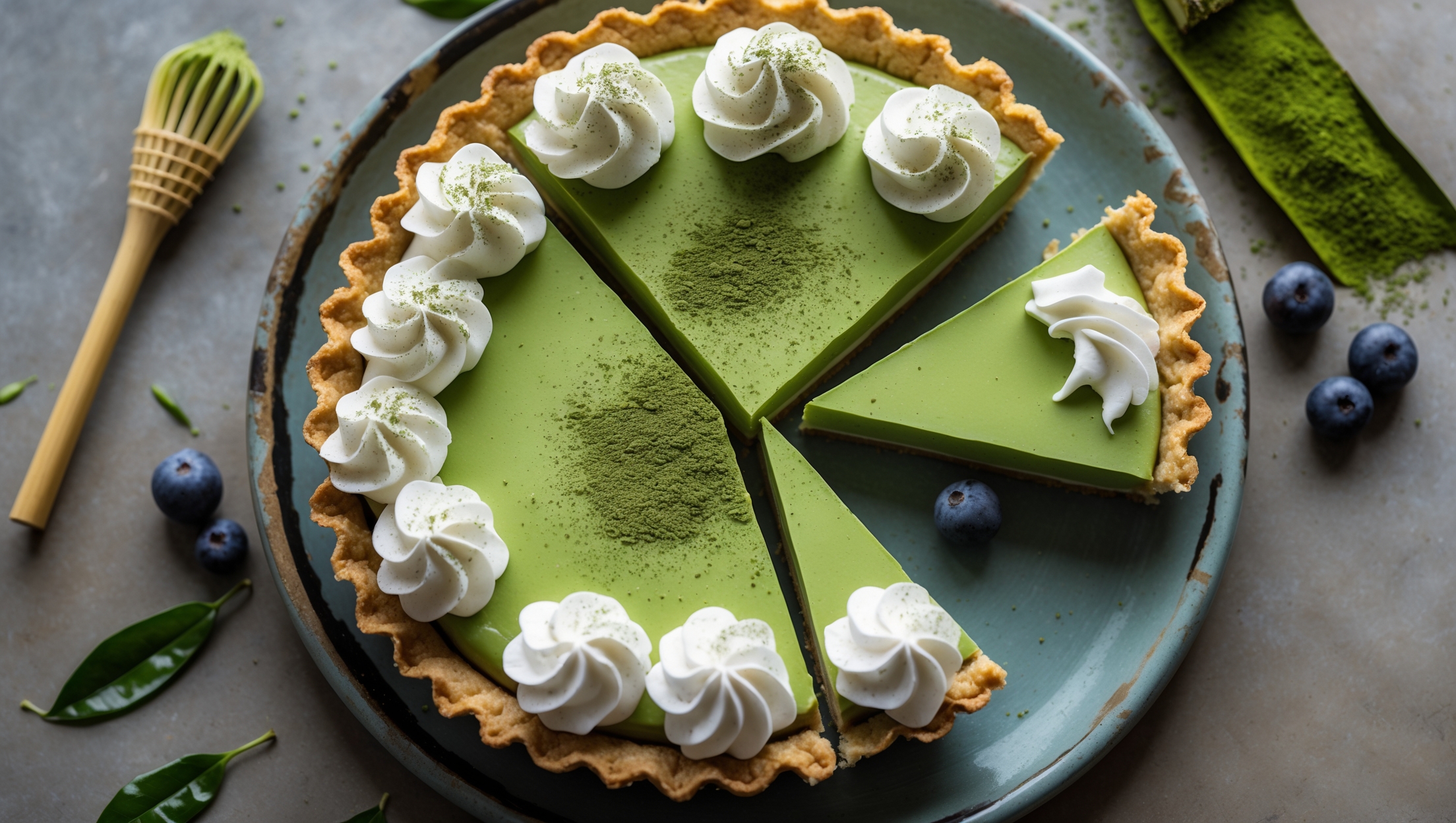 An overhead shot reveals a perfectly sliced matcha cream pie, the vivid jade-green filling contrasting beautifully against the golden, flaky crust. A cross-section captures the silky-smooth matcha custard layer beneath a cloud of white whipped cream dusted with matcha powder. The pie rests on a weathered ceramic plate against a backdrop of scattered tea leaves and a small bamboo matcha whisk. Soft natural light highlights the delicate matcha powder sprinkled in a decorative pattern, while the creamy texture and precise layers demonstrate the careful preparation process. The deep green color of the matcha filling creates a striking visual centerpiece, complemented by the artful arrangement of fresh berries around the plate's edge.