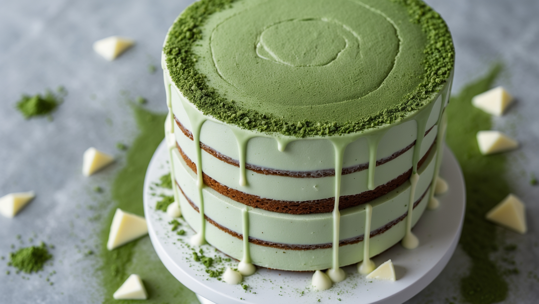 An overhead shot of a three-layer matcha cake with pristine white cream filling visible in the perfect cross-section cut. Soft natural light highlights the cake's distinctive pale green color, while the matte finish of the matcha-dusted top creates beautiful contrast with the glossy white chocolate drip cascading down the sides. Placed on a minimalist white cake stand and surrounded by scattered matcha powder and white chocolate shards, the vibrant green tea color pops against the neutral styling. Close-up details reveal the cake's moist, fine crumb texture and the smooth, creamy layers between each tier.