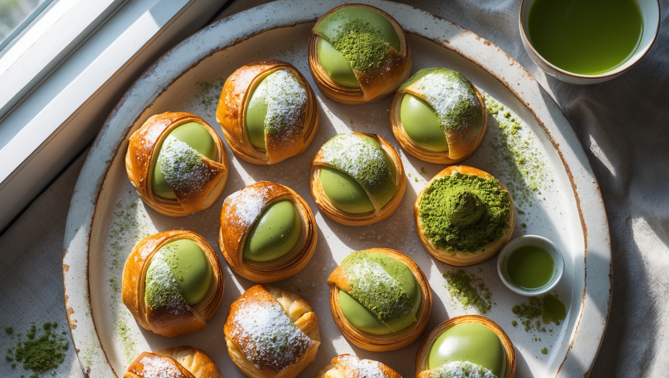 An overhead shot captures a dozen Matcha Green Tea Danish pastries arranged on a rustic white ceramic platter. The morning sunlight streams through a nearby window, highlighting the golden-brown laminated layers and the distinctive pistachio-green matcha filling peeking through the pastry folds. A close-up reveals the perfect contrast between the flaky, buttery exterior and the smooth, vibrant green matcha custard center. Several pastries are dusted with a light snow of powdered sugar, while others showcase a thin matcha glaze drizzled in an artful pattern. Scattered matcha powder and a small ceramic cup of green tea complete the composition, emphasizing the Japanese-European fusion aesthetic against a neutral linen backdrop.
