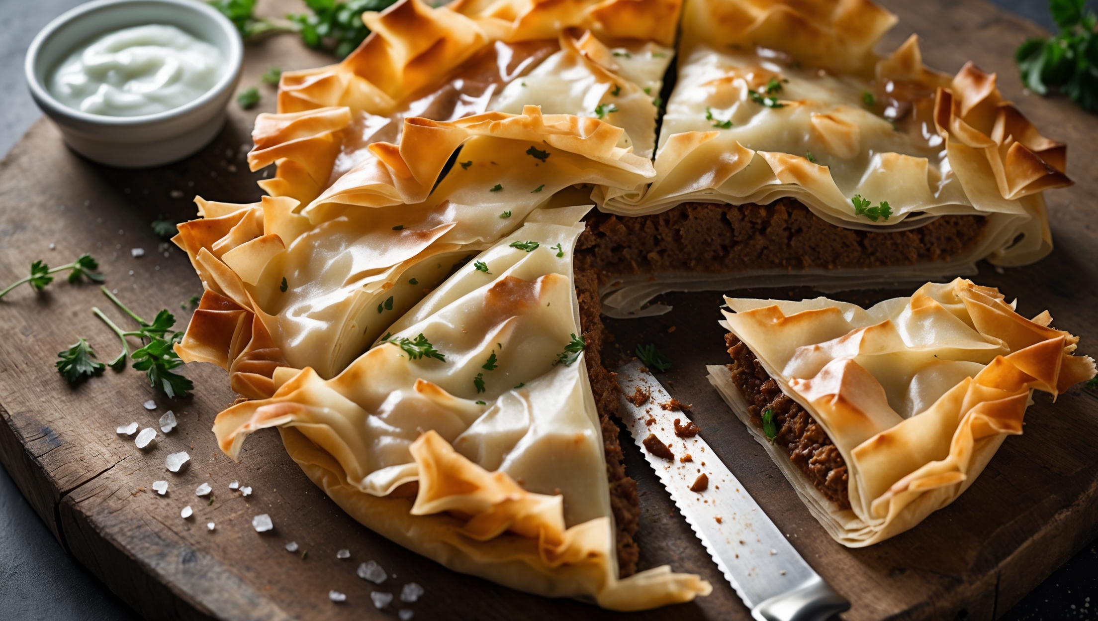 An overhead shot captures a golden-brown meat phyllo pie with its perfectly flaky, shattered top crust revealing hints of the savory filling beneath. A slice has been removed, showcasing the steam rising from the succulent meat interior with visible flecks of herbs and spices. Photographed in soft natural light on a rustic wooden board with scattered fresh herbs and a sprinkling of sea salt crystals, the pie's multiple layers of crisp phyllo catch the light, highlighting their delicate, paper-thin texture. A small ramekin of yogurt sauce sits alongside, its creamy whiteness contrasting with the pie's amber tones, while a vintage serrated knife rests nearby, suggesting the imminent pleasure of the next slice.