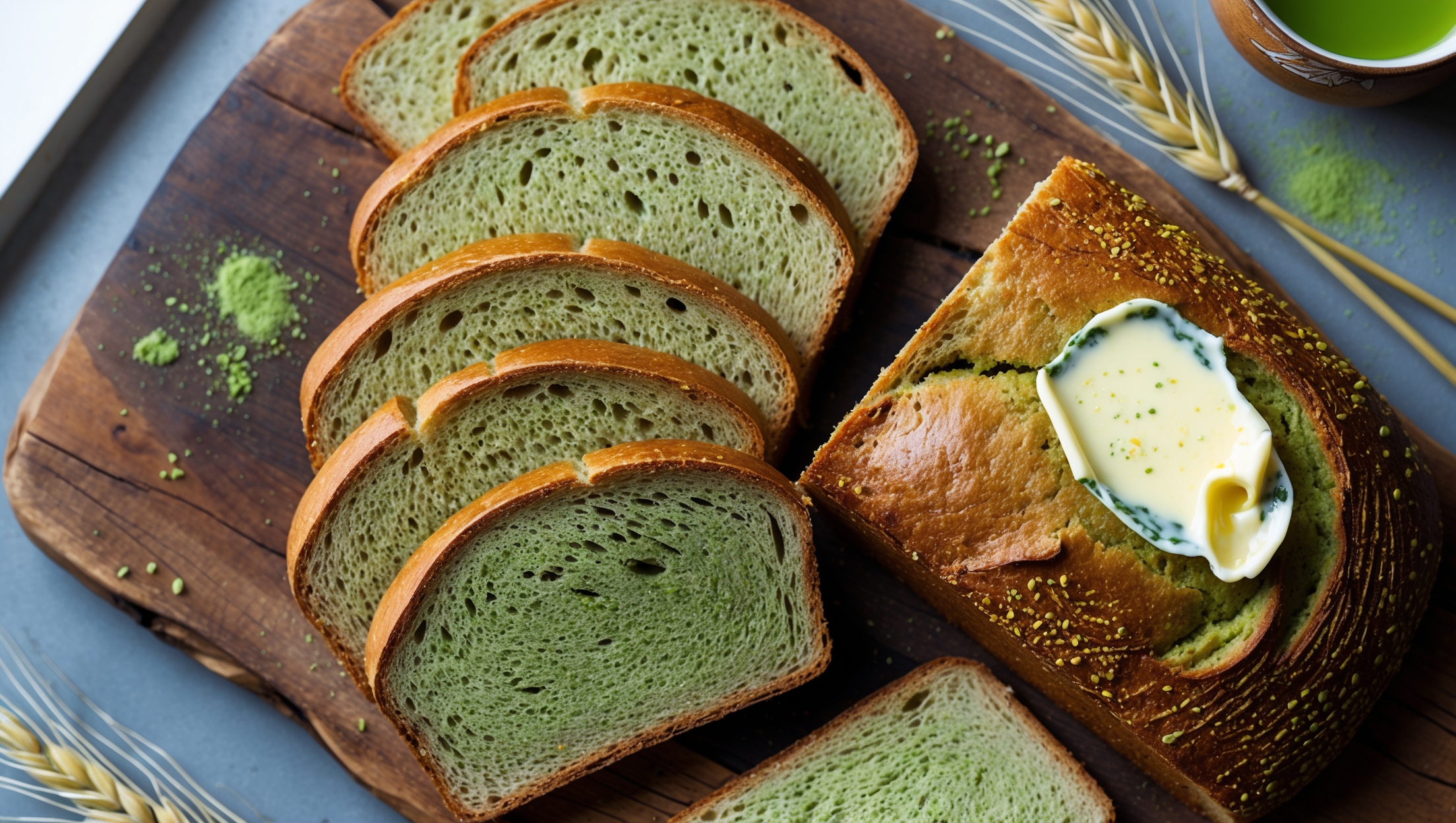 An overhead shot of a freshly sliced matcha whole wheat loaf on a rustic wooden board, revealing its distinctive light green-speckled interior against a warm brown crust. The cross-section showcases the bread's even, soft crumb structure with subtle matcha flecks throughout. A few slices are arranged alongside the main loaf, one topped with a thin spread of butter slowly melting into the warm bread. Natural window light highlights the bread's appealing texture, while scattered matcha powder and a few wheat stalks frame the composition. A small ceramic cup of green tea sits in the corner, creating a harmonious color story that emphasizes the bread's unique character.