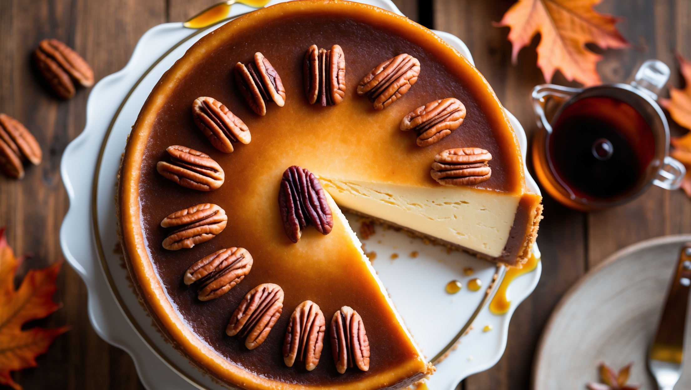 An overhead shot of a perfectly baked Maple Pecan Cheesecake with a deep golden caramelized top, sitting on an elegant white cake stand. A cross-section view reveals three distinct layers: a crunchy pecan-studded base, a creamy ivory center with subtle amber hues, and a glossy maple pecan topping. Soft natural light highlights the glistening pecans arranged in a decorative pattern across the surface, while some maple syrup drips enticingly down the sides. The scene is styled with scattered whole pecans, a small jug of maple syrup, and autumn leaves on a rustic wooden table, creating a warm, inviting atmosphere that emphasizes the dessert's seasonal appeal.