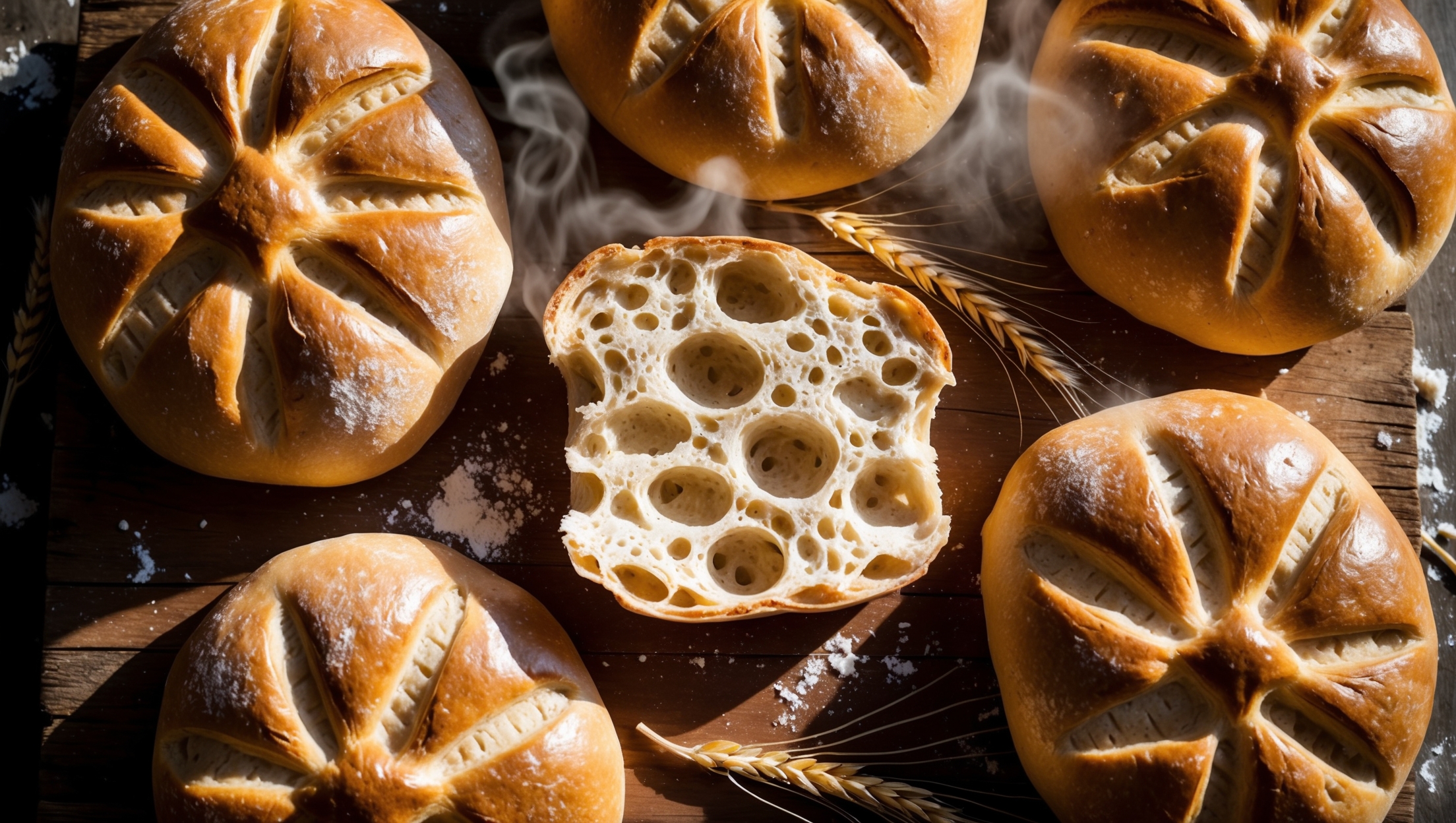 An overhead shot of freshly baked Matnakash loaves arranged on a rustic wooden board, their distinctive oval shapes and diamond-pattern tops glistening with a golden-brown hue under soft natural light. A cross-section view reveals the bread's airy, open crumb structure with large irregular holes throughout the pillowy interior. Steam rises subtly from a partially torn loaf, emphasizing its freshness, while scattered flour and wheat stalks frame the composition. The bread's characteristic ridges cast slight shadows across its surface, highlighting the traditional craftsmanship, with one loaf broken open to showcase the contrast between the crisp exterior and soft, chewy inside.