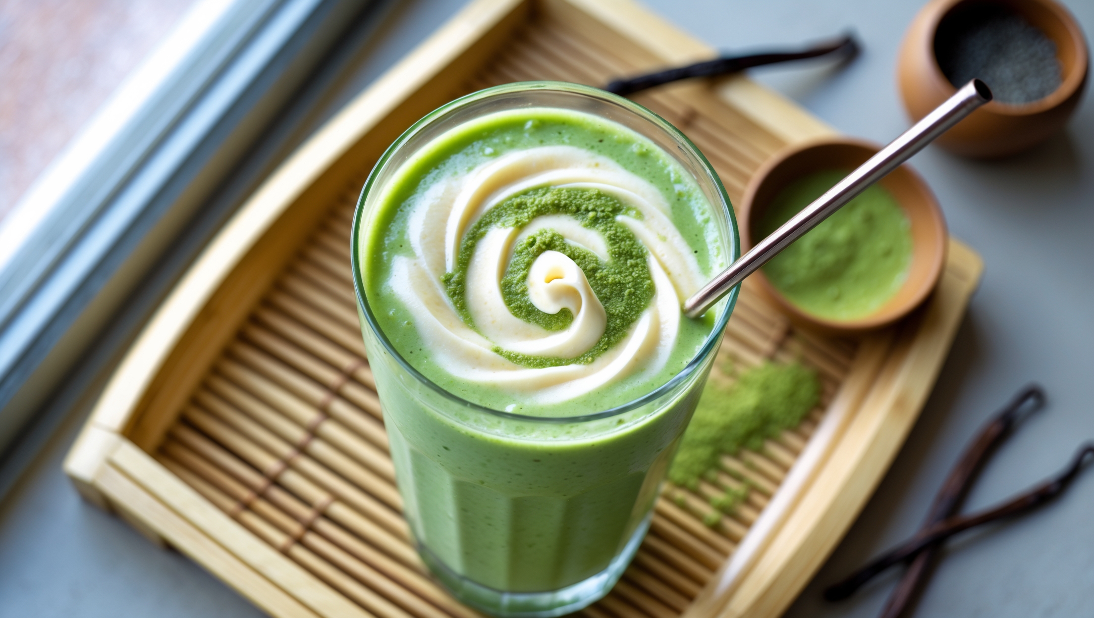 An overhead shot of a tall glass filled with a vibrant mint-green smoothie, its surface swirled with a delicate pattern of vanilla cream. The glass sits on a light bamboo tray alongside scattered matcha powder and a small wooden scoop. A metal straw tilts from the glass, catching the soft natural light streaming through a window. In the background, a few vanilla beans and a small bowl of matcha powder create visual context. The smoothie's creamy texture is evident where it clings to the glass sides, with tiny flecks of matcha visible throughout.