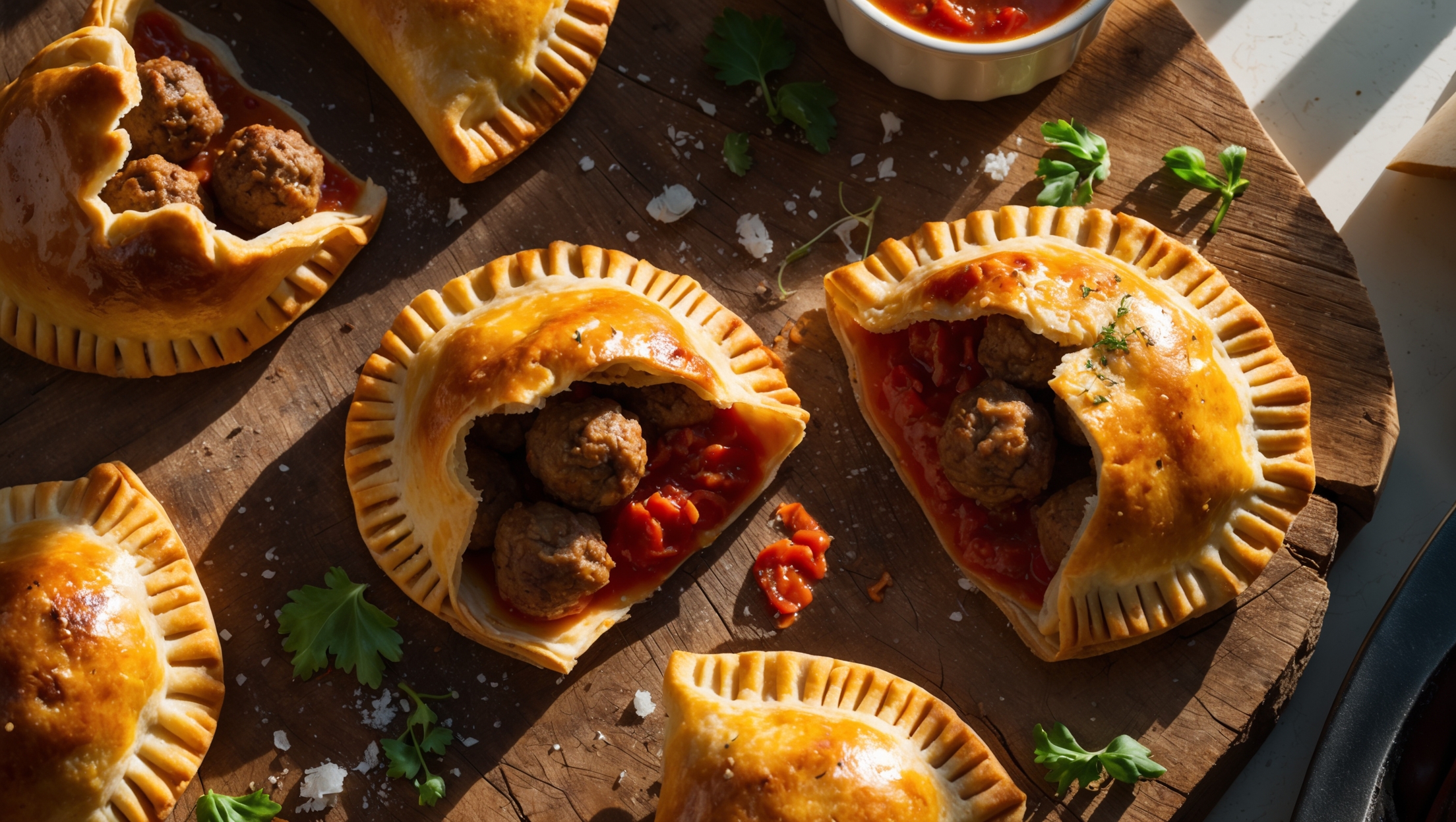 An overhead shot captures a rustic wooden board laden with golden-brown meatball hand pies, some whole and others cut in half to reveal the savory filling inside. The cross-section displays juicy meatballs nestled in rich tomato sauce encased in flaky, butter-speckled pastry. Natural window light creates dramatic shadows highlighting the crimped edges and burnished tops brushed with egg wash. Scattered fresh herbs, flaky salt crystals, and a small ramekin of additional tomato sauce for dipping add vibrant color contrast. Steam gently rises from a freshly broken pie, suggesting warmth and inviting the viewer to taste the hearty, portable meal.