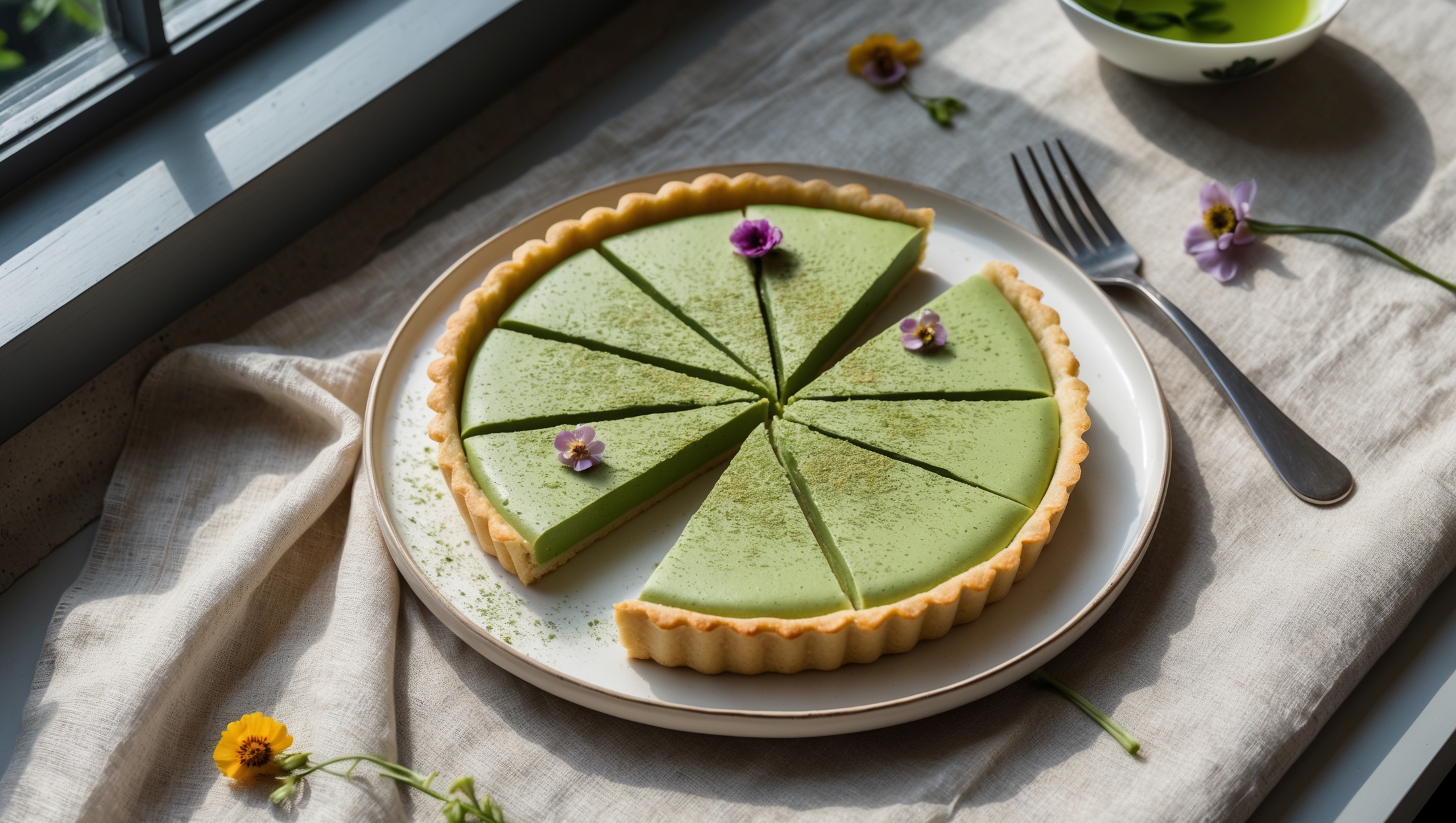 An overhead shot of a perfectly sliced matcha green tea tart reveals its striking emerald filling against a golden brown shortcrust base. The tart sits on a minimalist white ceramic plate with a small silver dessert fork resting alongside. Natural light streams in from a side window, highlighting the contrast between the vibrant green filling and the crisp, flaky pastry edge. A light dusting of matcha powder adorns the surface, while a few scattered edible flowers provide delicate color accents. In the background, a small Japanese-style teacup filled with green tea creates context, all arranged on a natural linen cloth that adds textural interest.