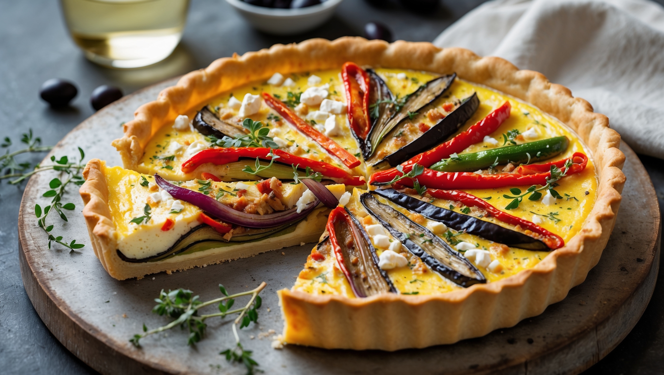 An overhead shot of the Mediterranean Vegetable Quiche showcasing its golden-brown crust with a slight rustic edge. The cross-section reveals layers of vibrant roasted red peppers, aubergine, courgette, and caramelized red onions nestled in a light, set custard speckled with fresh herbs and crumbles of feta cheese. The quiche sits on a weathered wooden board, with a wedge cut and slightly pulled away to display the perfect clean slice. Soft natural light streams in from the side, highlighting the flaky texture of the pastry and gleaming slightly on the surface of the filling. Small sprigs of fresh thyme and a scattering of black olives surround the dish, with a glass of crisp white wine and Mediterranean table linens visible in the background.