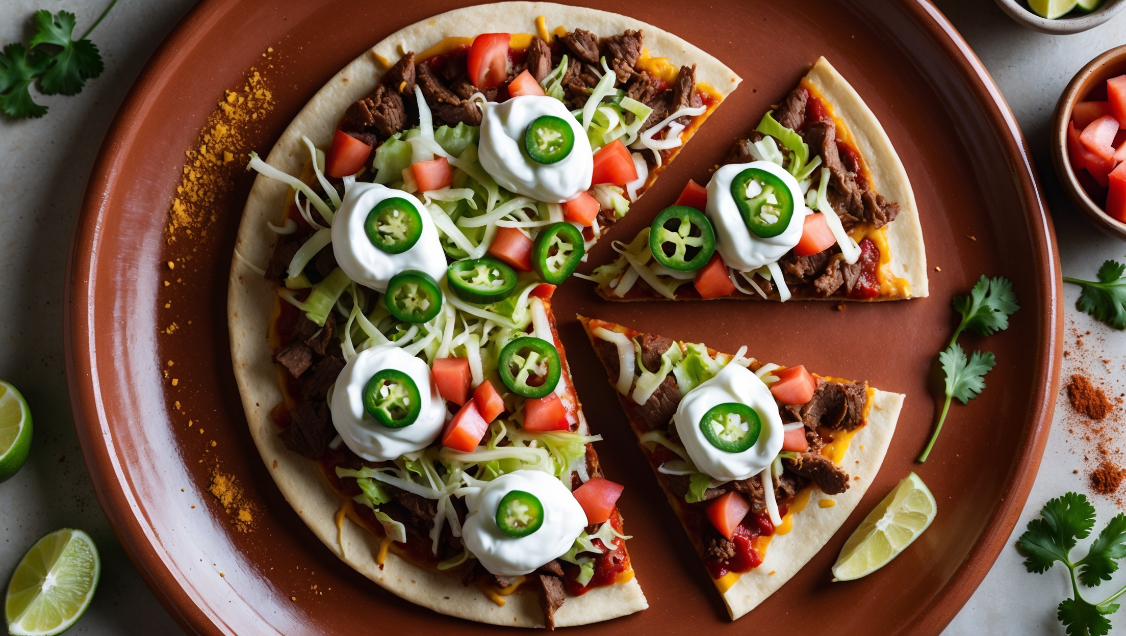 An overhead shot of a circular Mexican Taco Pizza on a rustic terracotta serving plate, captured in warm natural light. The crisp golden-brown crust is visible at the edges, topped with layers of rich seasoned beef, vibrant red salsa, and melted cheese that stretches when a slice is pulled away. Bright pops of color from fresh toppings—diced tomatoes, shredded lettuce, sliced jalapeños, and dollops of sour cream and guacamole—create a vivid contrast against the savory base. Scattered around the plate are lime wedges, cilantro sprigs, and a light dusting of chili powder, enhancing the authentic Mexican theme while highlighting the fusion nature of this crowd-pleasing dish.