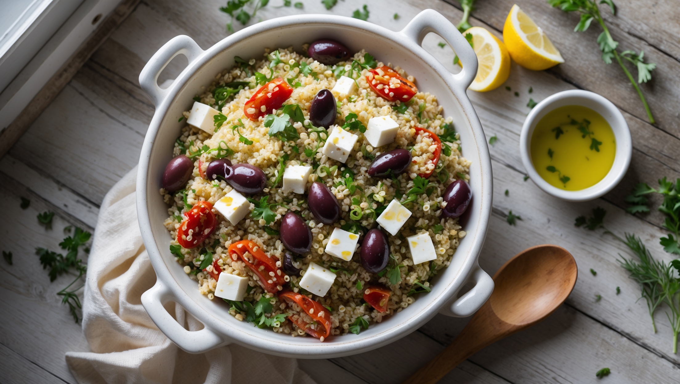 An overhead shot of a white ceramic serving bowl filled with colorful Mediterranean quinoa salad, showcasing the contrast between the pearl-like quinoa grains, ruby-red sun-dried tomatoes, purple kalamata olives, white cubes of feta, and bright green herbs. The salad is bathed in soft natural light streaming through a nearby window, highlighting the glistening olive oil dressing. A wooden serving spoon rests alongside the bowl, and scattered fresh herbs, lemon wedges, and a small dish of extra virgin olive oil create an inviting Mediterranean tableau on a rustic wooden table. The vibrant colors pop against the neutral background, emphasizing the fresh, healthy nature of this protein-rich dish.