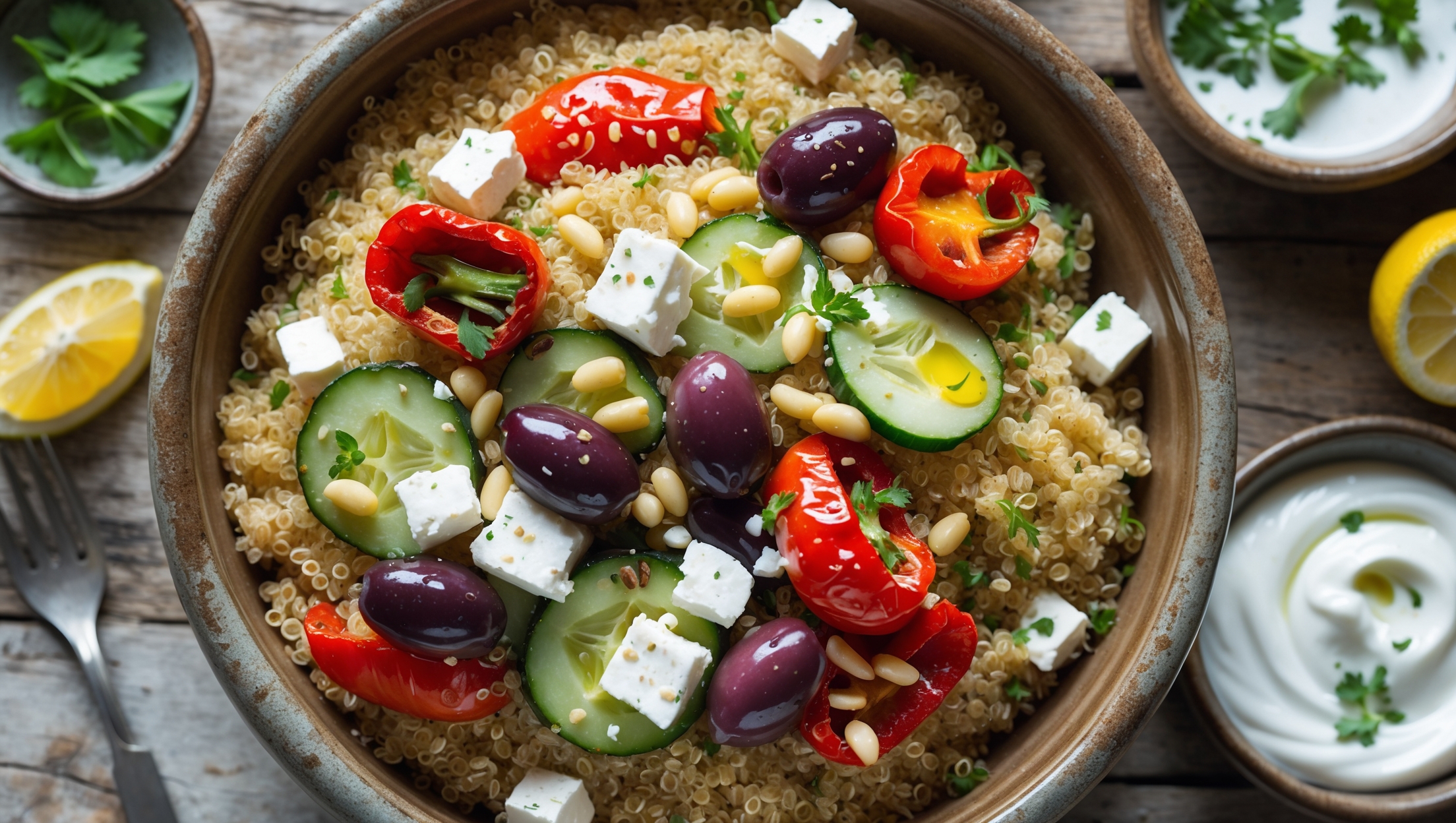 An overhead shot of a rustic ceramic bowl filled with a colorful Mediterranean quinoa creation, captured in bright natural light. The fluffy quinoa creates a golden base topped with vibrant roasted red peppers, cucumber chunks, cherry tomato halves, and purple kalamata olives. Crumbled feta cheese provides striking white contrast against the vegetables, while fresh herbs add specks of green throughout. A drizzle of glossy olive oil catches the light, and scattered pine nuts add texture across the top. The bowl sits on a weathered wooden table with small dishes of extra herbs, lemon wedges, and a swirl of yogurt sauce nearby, creating an inviting Mediterranean tableau.