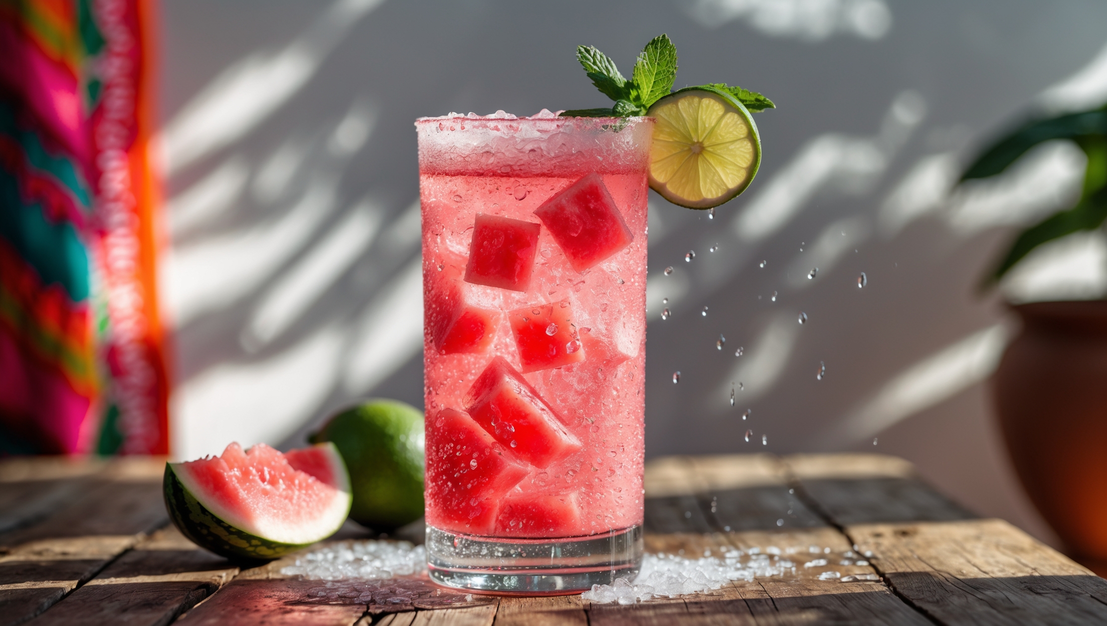 A tall, cylindrical glass filled with a vivid pink-red watermelon agua fresca, photographed in bright natural daylight against a rustic wooden table. Chunks of fresh watermelon float throughout the drink, with crushed ice creating a frosty effect around the rim. A wedge of lime perches on the glass edge alongside a sprig of fresh mint that casts delicate shadows across the surface. Condensation beads down the sides, capturing the light and emphasizing the drink's refreshing nature. The background features blurred elements of a Mexican-inspired setting with colorful textiles and terra cotta.