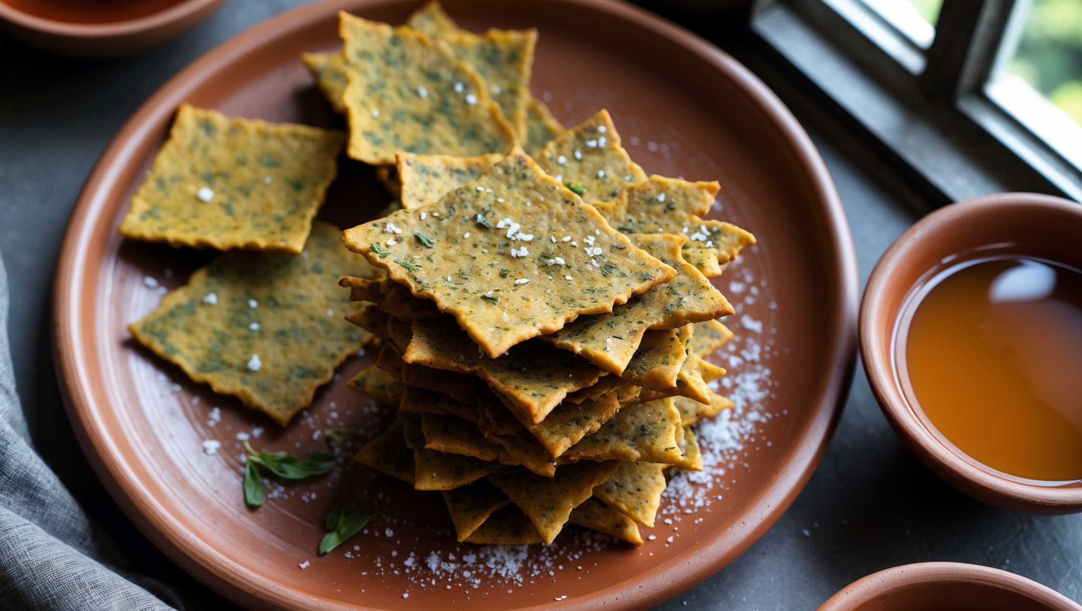 An overhead shot of golden-brown Methi Matri arranged in a rustic pattern on a handcrafted terracotta plate, with some stacked to showcase their layered, flaky texture. Soft natural light streams in from a side window, highlighting the intricate crisp edges and tiny green flecks of fenugreek leaves scattered throughout each cracker. A small bowl of chai tea sits nearby, creating a warm invitation to snack, while a dusting of carom seeds and coarse salt catches the light, suggesting the savory depth of flavor in these traditional Indian crackers.