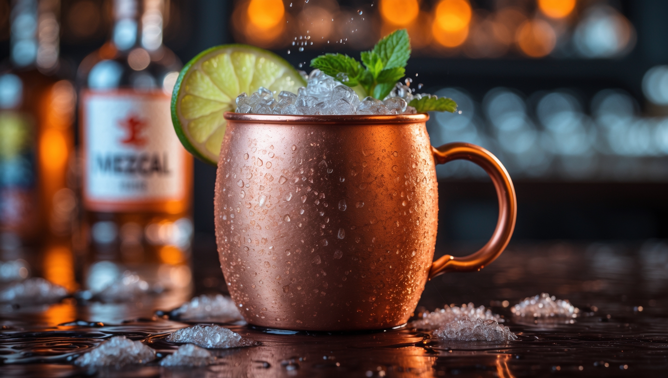 A modern copper mug centered on a dark wooden bar top, filled with a Mezcal Mule that sparkles with condensation under warm amber bar lighting. Crushed ice creates a frosty crown where a lime wheel and fresh mint sprig rest dramatically against the copper rim. Inside the mug, bubbles visibly rise through the pale amber liquid, creating a dynamic effervescent effect where microscopic droplets catch the light. In the background, softly blurred bottles of mezcal and ginger beer suggest the drink's key components, while the copper reflects rich golden tones that emphasize the cocktail's smoky, spicy character.