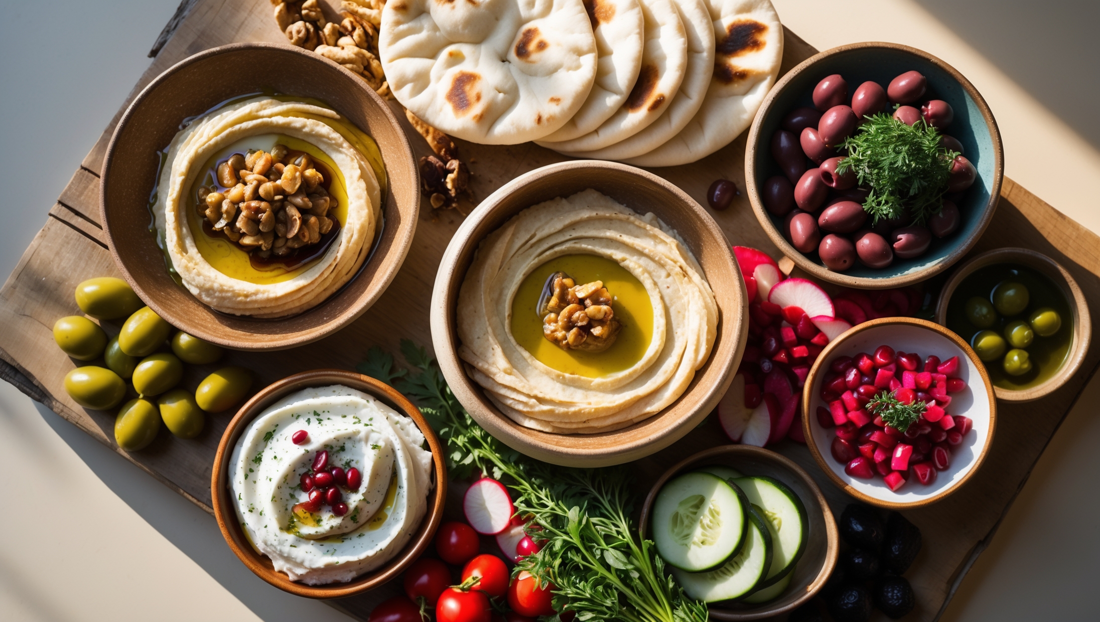 An overhead shot of a rustic wooden board laden with a generous mezze spread under soft, warm natural light. The centerpiece is a stack of pillowy, golden-brown pita bread with charred spots, surrounded by colorful dips in handmade ceramic bowls - creamy beige hummus swirled with olive oil, ruby-red muhammara with crushed walnuts, smoky baba ganoush, and snow-white labneh topped with za'atar. Scattered between the bowls are marinated olives glistening in herb-infused oil, pickled vegetables with vibrant colors, sliced cucumbers, radishes, and cherry tomatoes providing fresh contrast. A small bunch of fresh herbs and a sprinkle of pomegranate seeds add bright pops of green and crimson, while a drizzle of honey over the labneh catches the light.