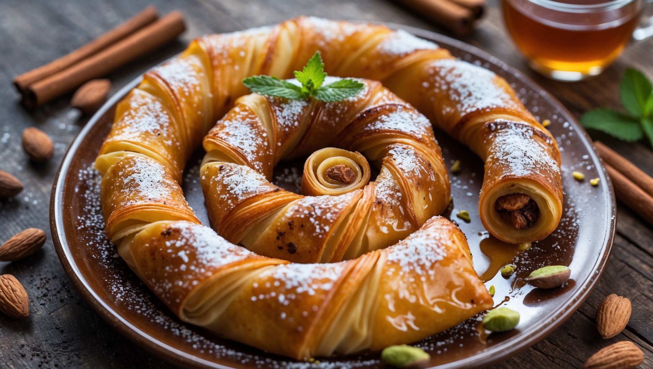 An overhead shot captures a golden-brown Mhancha coiled into a perfect spiral on a traditional Moroccan ceramic plate, dusted with powdered sugar and garnished with crushed pistachios. Soft natural light highlights the flaky, crisp layers of phyllo pastry, while the cross-section reveals the rich almond filling speckled with cinnamon. The pastry glistens slightly from honey syrup, with a scattering of fresh mint leaves adding a pop of vibrant green against the warm amber tones of the dessert. A small glass of Moroccan mint tea sits nearby, creating an authentic tablescape on a rustic wooden surface with cinnamon sticks and whole almonds artfully arranged around the spiral.