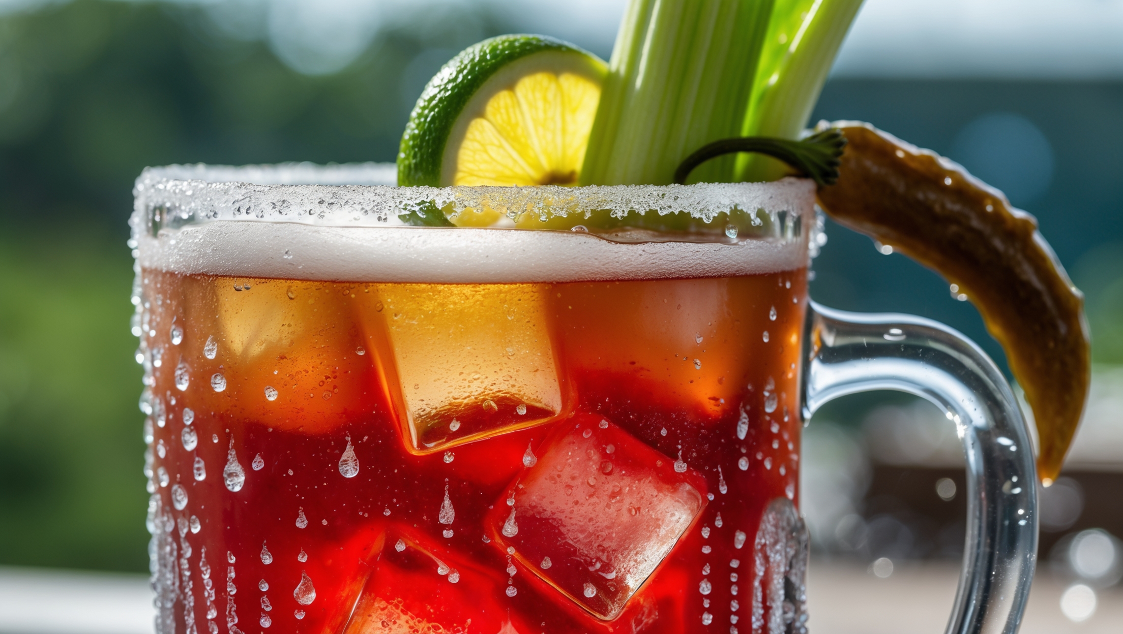A frosted, salt-rimmed pint glass filled with a vibrant red-amber Michelada captured in natural daylight. The glass features beads of condensation running down its sides, highlighting the drink's refreshing nature. A wedge of lime perches on the rim, while a celery stalk and pickled jalapeño extend from the glass. The drink shows distinct layers – the deeper red base gradually lightening toward the foamy beer head on top. Chunks of ice are visible through the glass, and droplets of hot sauce create intricate patterns on the surface. The background suggests an outdoor setting with blurred greenery, perfect for enjoying this spicy beer cocktail on a hot day.