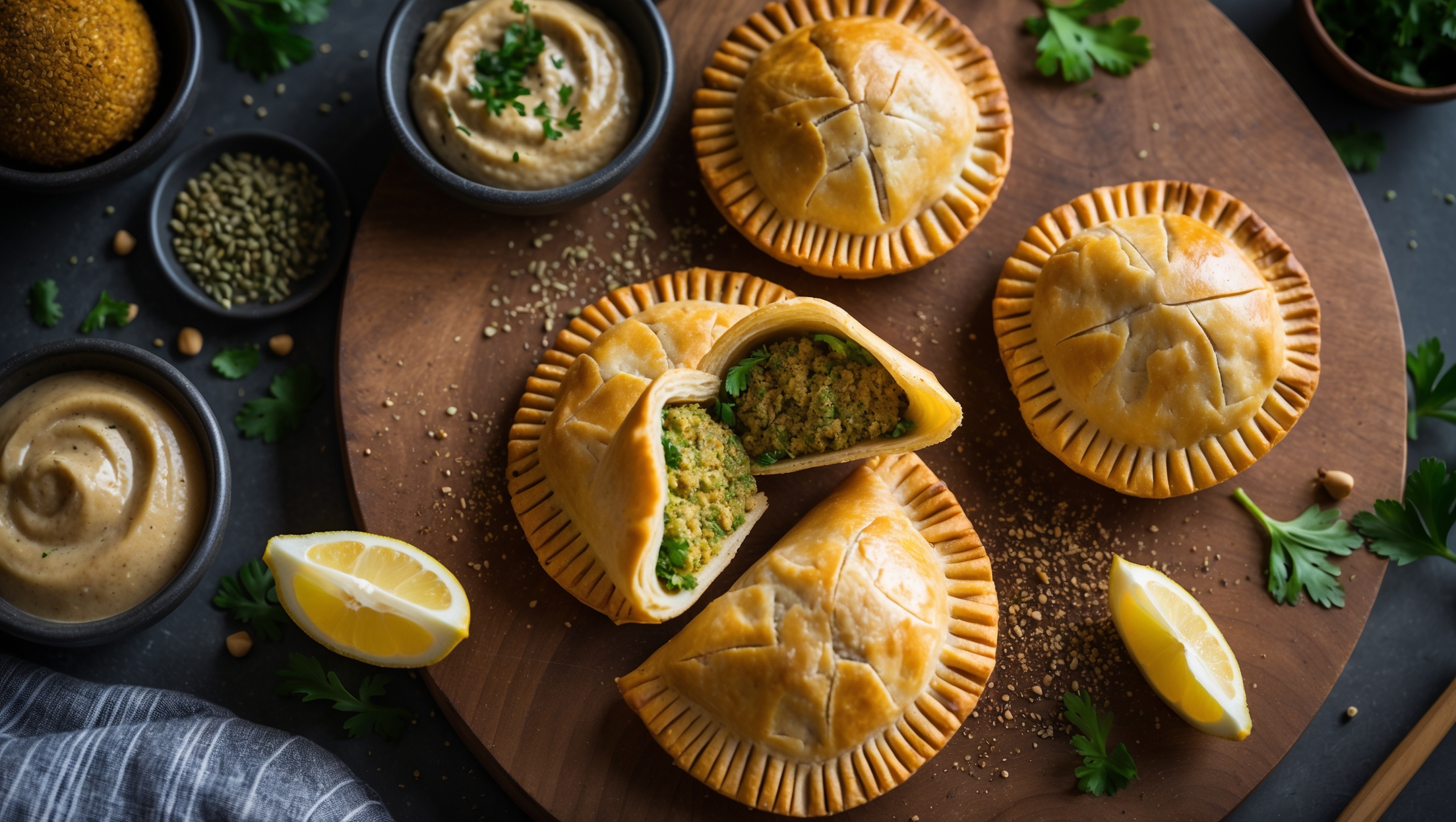 An overhead shot captures a wooden serving board with three golden-brown falafel hand pies arranged in a triangular pattern, one cut open to reveal the vibrant green falafel filling studded with chickpeas and herbs. Soft natural light highlights the flaky layers of the pastry and the textural contrast between the crisp exterior and moist interior. Small bowls of tahini sauce and chopped fresh herbs sit nearby, with scattered cumin seeds, parsley sprigs, and lemon wedges adding pops of color. A dusting of za'atar across the composition brings earthy tones that complement the rustic wooden surface and emphasize the Middle Eastern heritage of this handheld treat.
