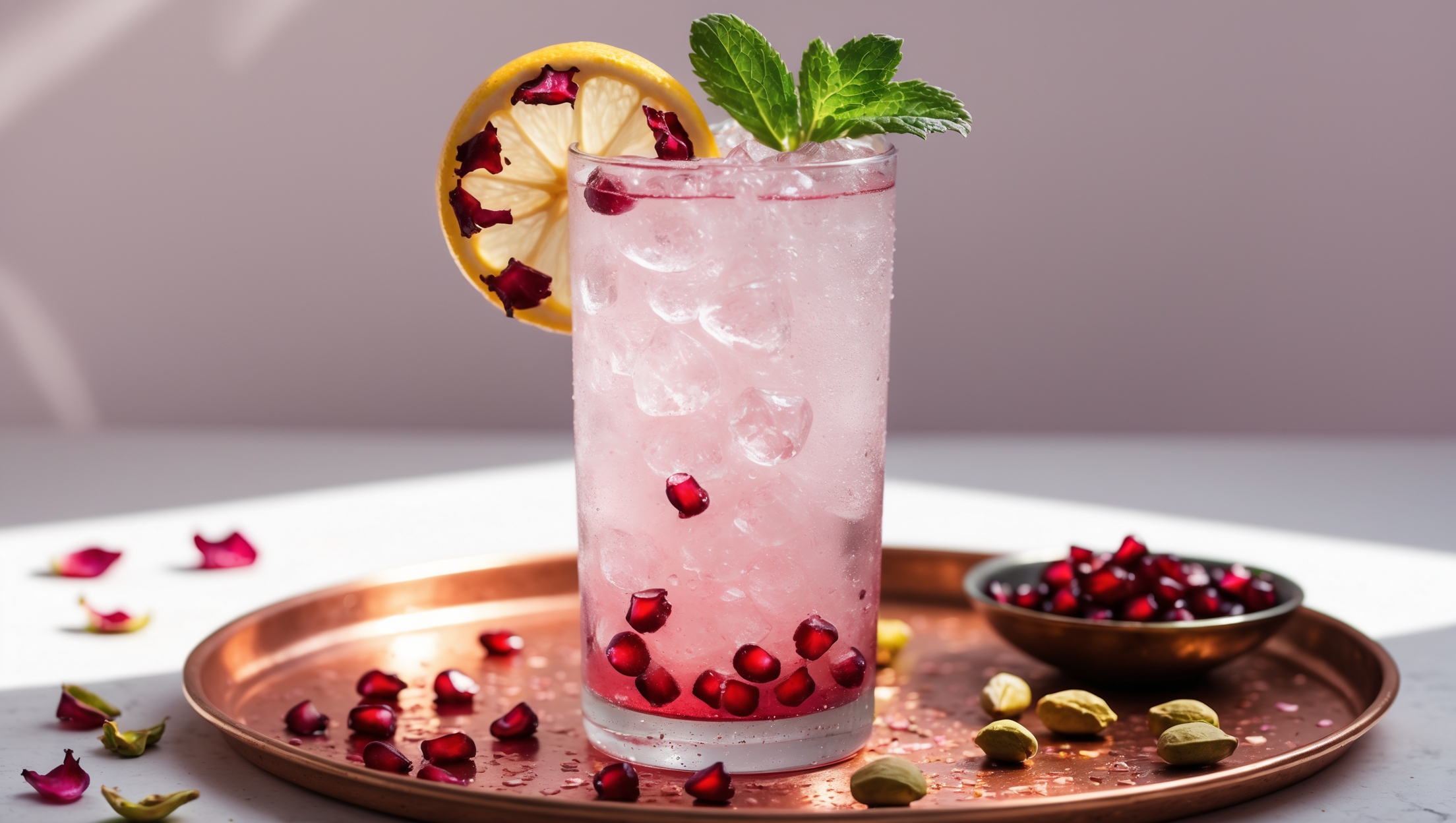 A tall, frosted highball glass filled with a blush-pink mocktail, photographed in bright natural daylight that highlights its delicate rosy hue. Crushed ice catches the light while ruby-red pomegranate seeds float throughout the drink. A fresh lemon wheel adorned with dried rose petals rests on the glass rim, while a sprig of fresh mint extends upward. Condensation pearls on the glass surface, suggesting refreshing coolness. The mocktail sits on a copper tray alongside scattered rose petals, pomegranate arils, and a small dish of pistachios, reinforcing its Middle Eastern heritage.