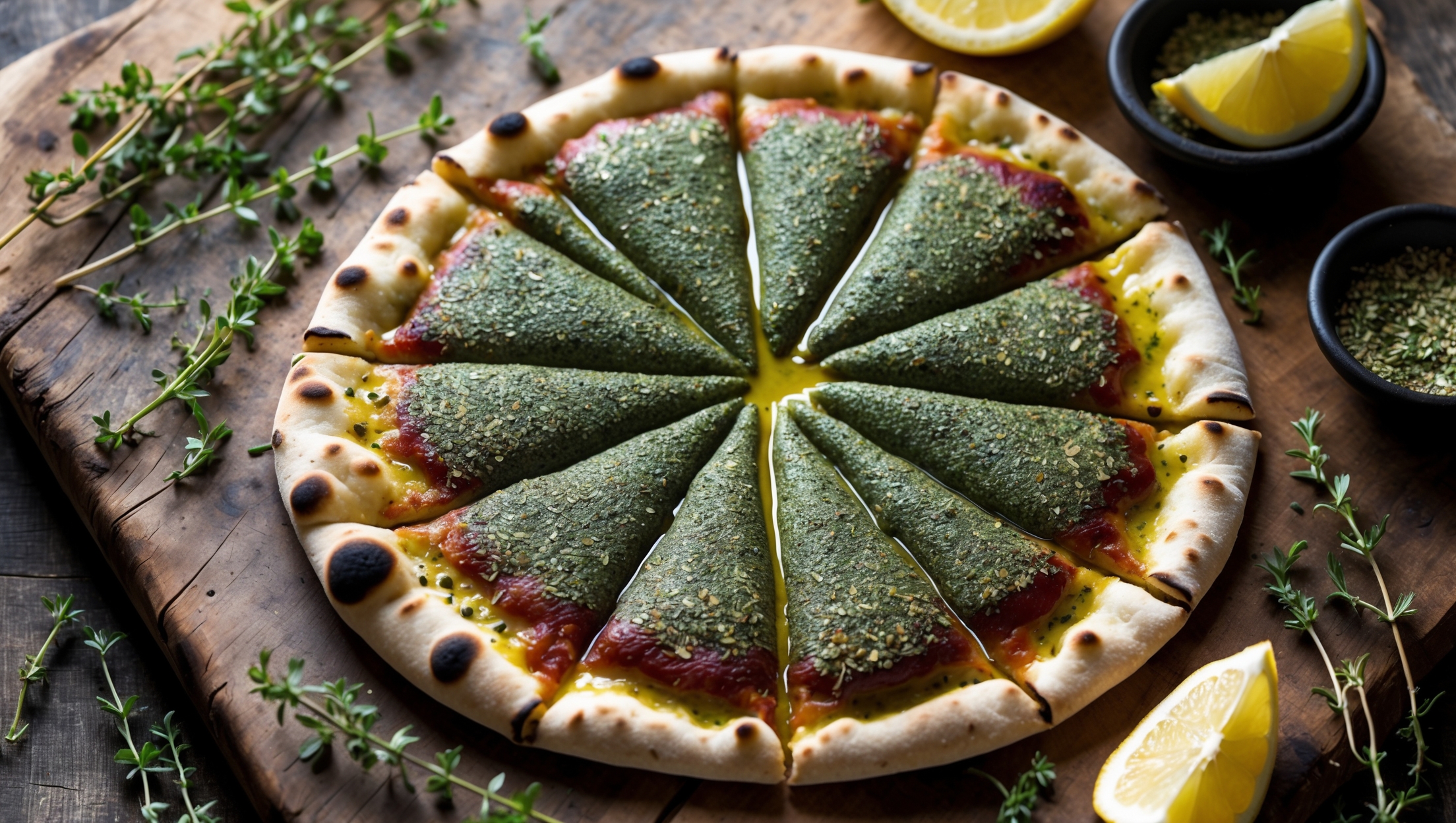 An overhead shot showcases a rustic Middle Eastern za'atar pizza with its distinctive speckled green surface glistening with high-quality olive oil. The flatbread crust has beautifully blistered edges with a perfect balance of crisp exterior and chewy interior. Shot in warm natural light on a weathered wooden board, scattered fresh thyme sprigs and lemon wedges frame the composition, while a small bowl of additional za'atar blend sits nearby. The vibrant colors of the herbs contrast with the golden-brown crust, highlighting the pizza's Mediterranean heritage and artisanal appeal.