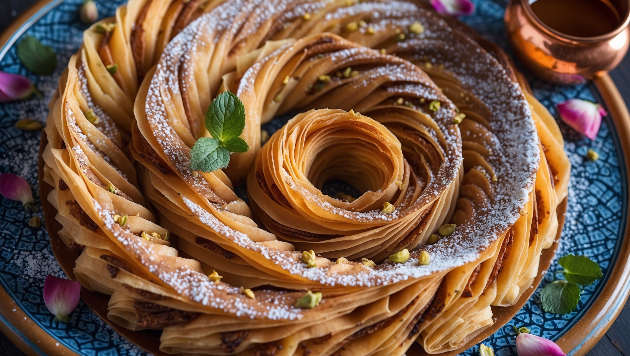 Overhead shot of the golden-brown coiled M'hanncha pastry on a traditional Moroccan ceramic platter, dusted with powdered sugar and garnished with crushed pistachios. The cross-section reveals multiple micro-layers of paper-thin filo with ribbons of spiced almond paste running throughout. Soft natural light highlights the flaky texture and honey glaze catching the light with a subtle sheen. Rose petals and fresh mint leaves are artfully scattered around the pastry, while a small copper pot of honey sits nearby. The warm amber tones of the pastry contrast beautifully against the intricate blue patterns of the serving dish.