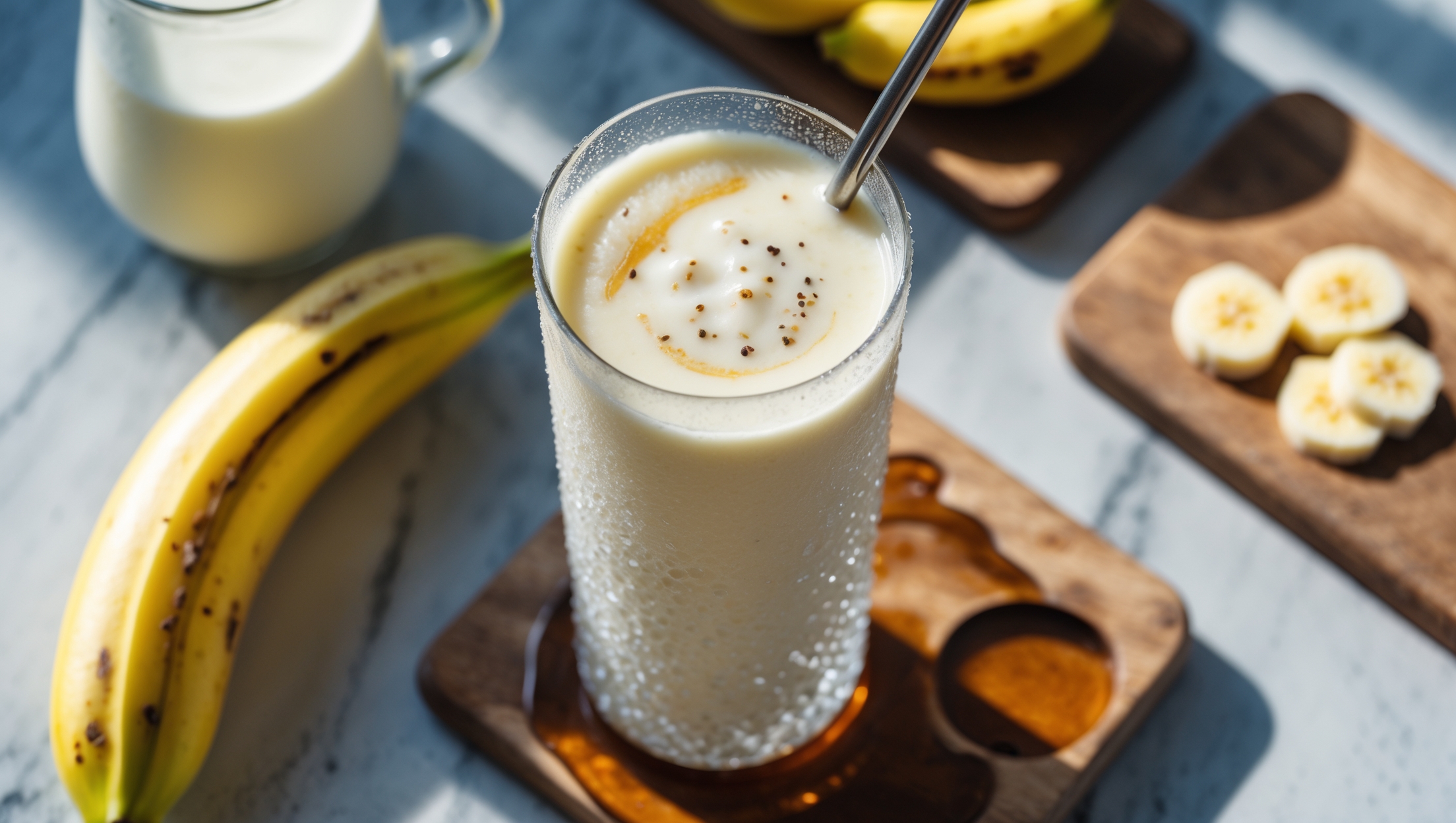 An overhead shot of a tall, frosted glass filled with a pale yellow-white Milk Banana Smoothie, captured in bright natural morning light. The smoothie shows a silky, thick texture with tiny specks of vanilla bean visible throughout. A whole banana leans against the glass while another is partially sliced on a wooden cutting board nearby. A small pitcher of milk sits in the background, condensation beading on its surface suggesting perfect chilling. A metal straw protrudes from the glass, with a swirl of honey drizzled decoratively around the rim, catching the light beautifully.