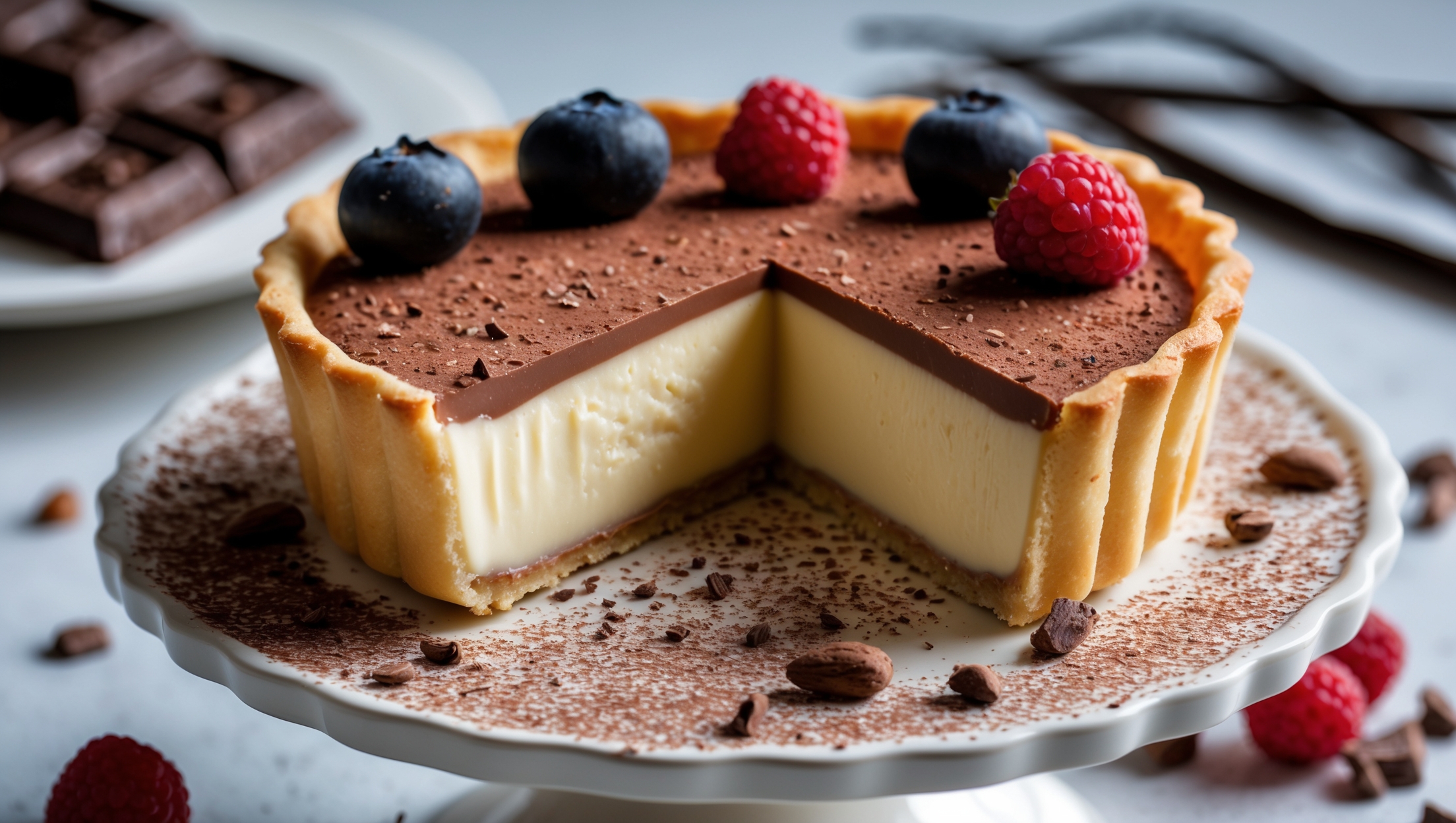 A close-up shot of a perfectly sliced milk chocolate custard tart revealing its smooth, glossy interior against the crisp golden pastry. Soft natural light cascades across the surface, highlighting the silky texture of the custard and the clean, precise layers. The tart rests on a vintage white ceramic cake stand adorned with fresh berries and scattered cocoa nibs for texture contrast. A delicate dusting of cocoa powder creates a sophisticated finish, while the background features a subtle arrangement of chocolate squares and vanilla beans, emphasizing the key flavors in this decadent dessert.