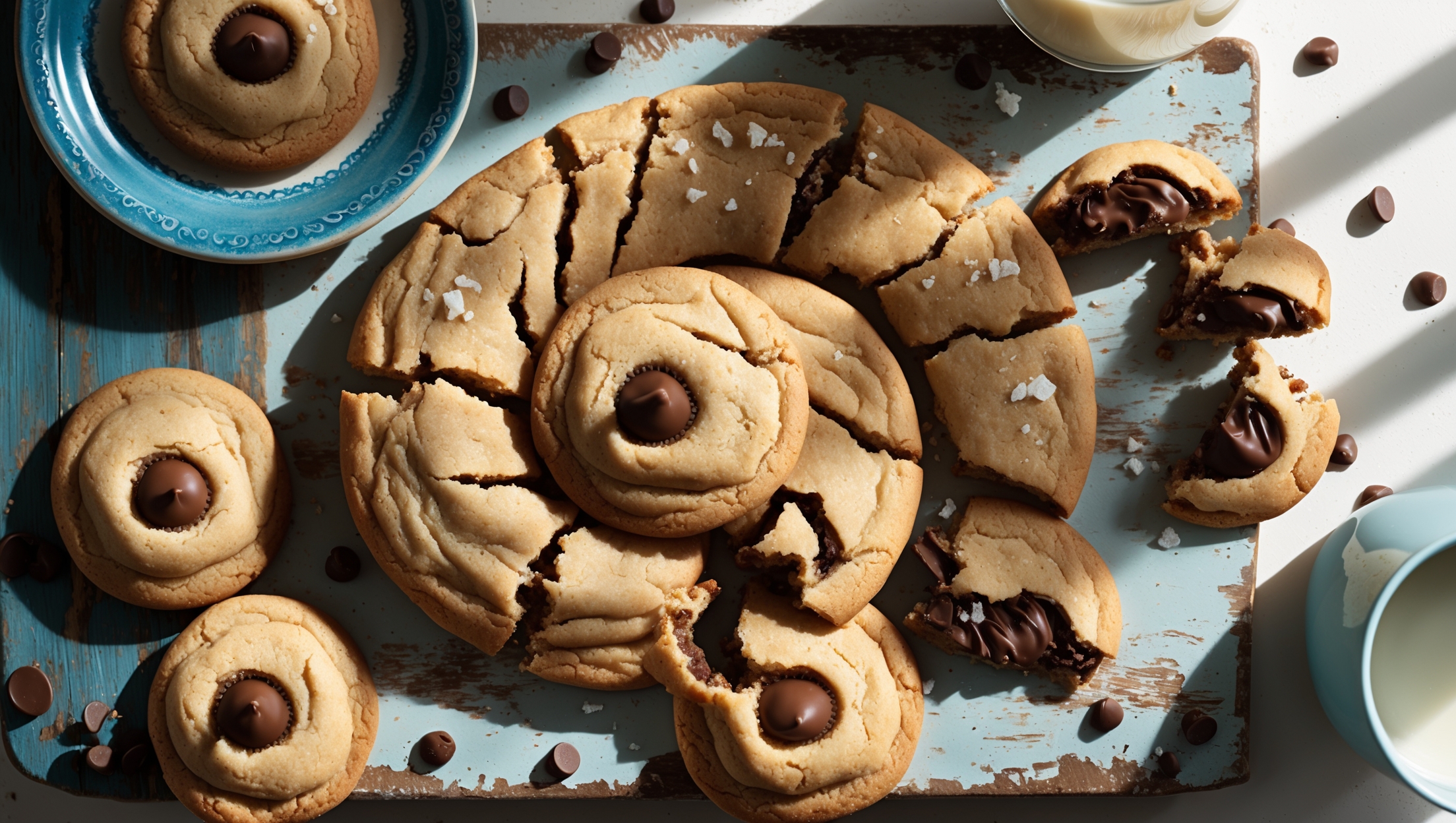 An overhead shot of milk chocolate chip cookies arranged in a rustic spiral pattern on a distressed wooden board, with a few cookies broken in half to reveal their chewy centers and melted chocolate pockets. Soft natural light streams in from a nearby window, highlighting the golden-brown edges and creating subtle shadows that emphasize the cookies' textured tops. A vintage blue ceramic plate holds a small stack of cookies in the corner, while scattered chocolate chips and a glass of milk create context around the arrangement. The warm caramel tones of the cookies contrast beautifully with the rich brown chocolate chunks, and a light dusting of sea salt crystals catches the light on select cookies.