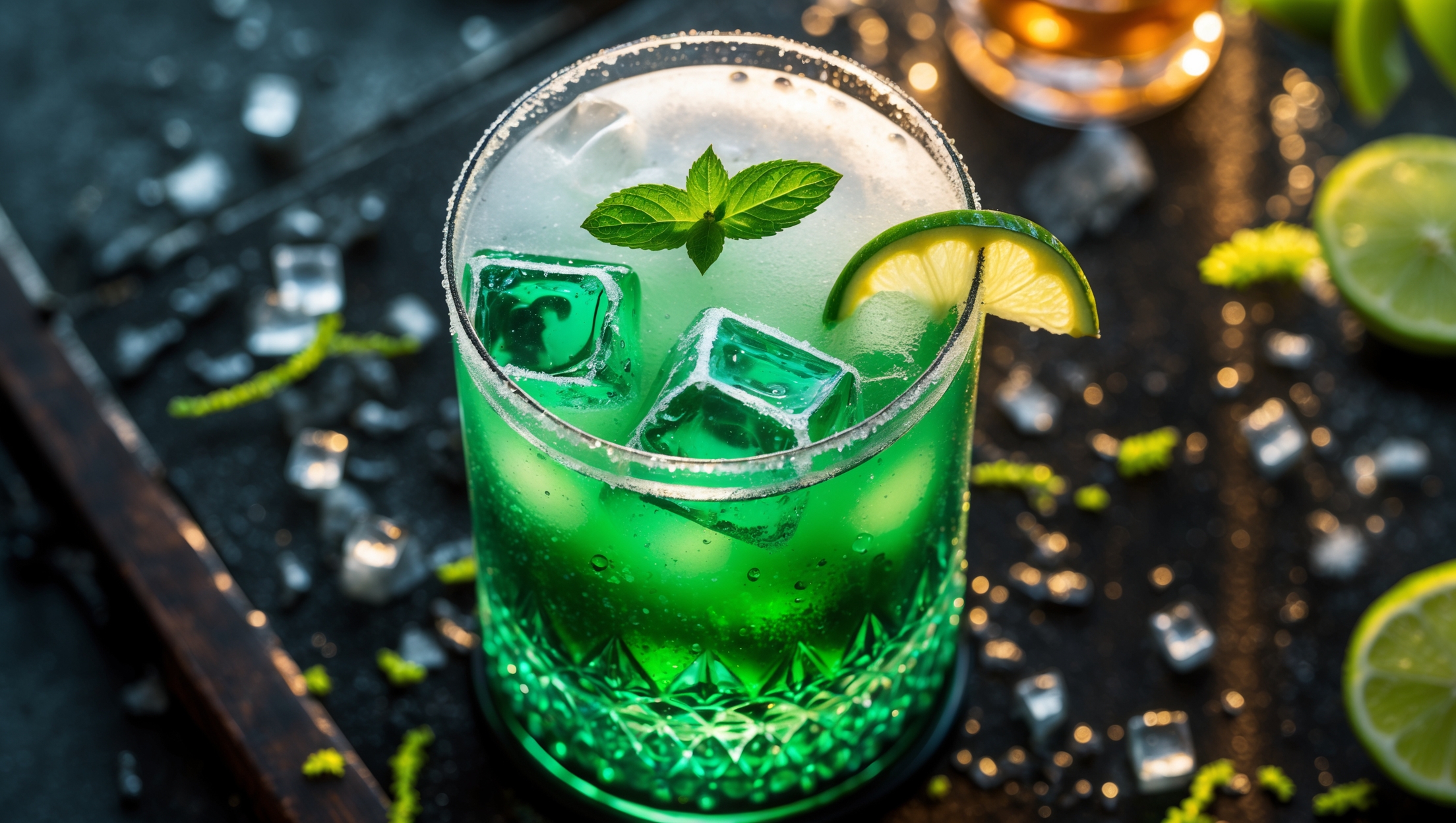 An overhead shot captures a frosty highball glass filled with a vibrant, jewel-toned green Midori Sour. Golden hour lighting accentuates the drink's emerald hue, creating a luminous glow. Crystal-clear ice cubes catch the light while a thin layer of silky egg white foam creates a luxurious crown. A delicate cucumber ribbon and fresh mint sprig rest across the top, with a whisper-thin slice of lime perched on the rim. Beads of condensation form on the glass's exterior, suggesting refreshing coolness against a dark wooden bar top scattered with lime zest and melon balls for context.