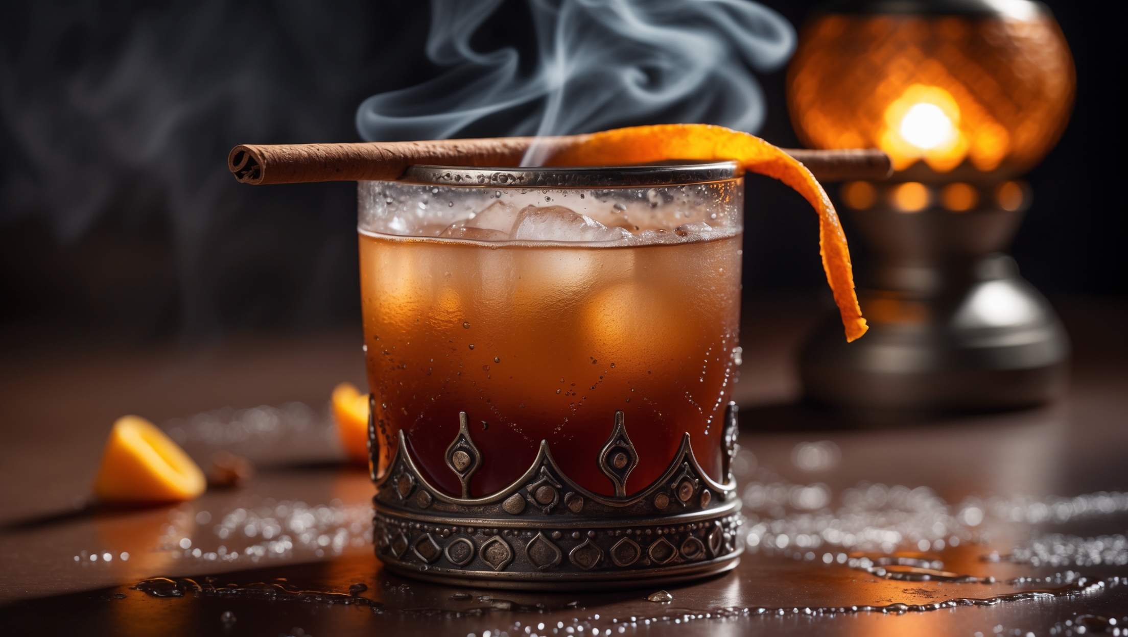 A close-up shot reveals a deep amber cocktail with wisps of smoke lingering above its surface, served in a heavy Moroccan-inspired tumbler with intricate metal detailing. Dramatic side-lighting accentuates the complex texture while casting mysterious shadows across the drink's surface. A delicate dusting of cinnamon and crushed cardamom creates a fragrant layer atop the cocktail, with a thin orange peel twist perched on the glass rim alongside a smoking cinnamon stick. Small droplets of condensation form on the exterior of the glass, catching the warm, amber light that suggests a Moroccan lantern glow in the background.