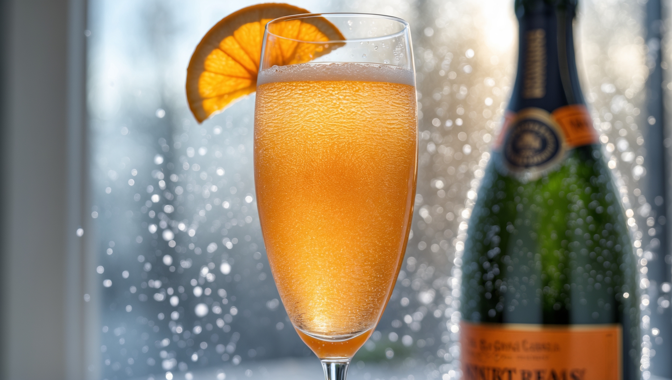 A fluted champagne glass stands elegantly against natural morning light, filled with a gradient of golden-orange Mimosa. The crystal-clear glass reveals delicate, tiny bubbles rising continuously through the vibrant cocktail, creating a mesmerizing effect. From above, the drink's surface sparkles with champagne effervescence, while a thin wheel of fresh orange garnishes the rim, its oils glistening on the surface. A crystal champagne bottle rests slightly out of focus in the background, condensation forming on its chilled exterior, suggesting the perfect brunch setting.