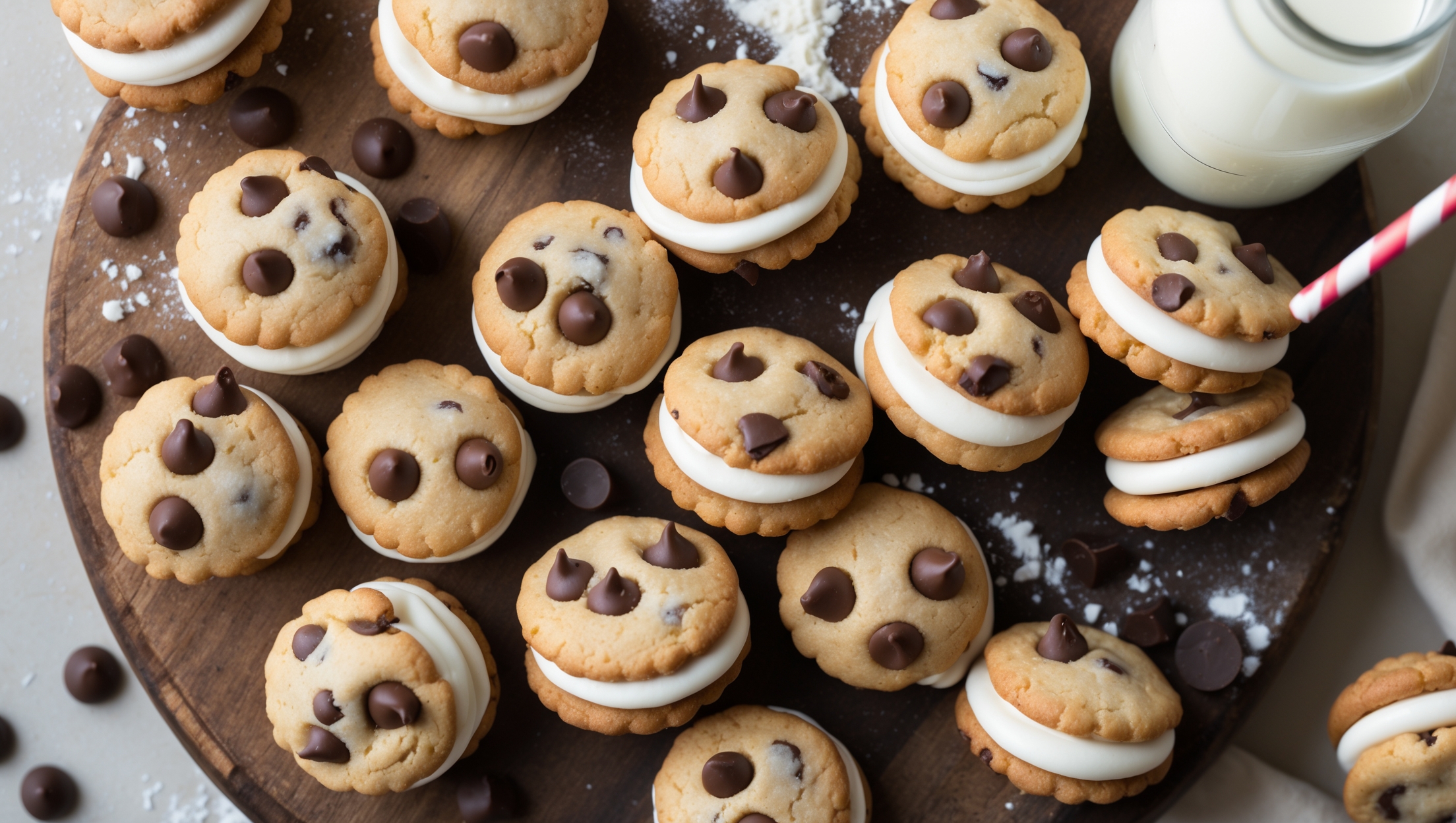 An overhead shot of mini chocolate chip sandwich cookies arranged in casual clusters on a rustic wooden serving board, with a few cookies placed strategically to reveal the creamy vanilla filling between the chocolate-studded cookies. Soft natural light streams from the side, highlighting the golden-brown edges and melty chocolate chips scattered throughout each cookie. A small glass bottle of milk with a striped paper straw sits alongside, while a light dusting of flour and a few scattered chocolate chips add authenticity to the scene. The contrast between the warm golden cookies, dark chocolate chips, and pristine white filling creates a mouthwatering visual that showcases these perfectly portable two-bite treats.