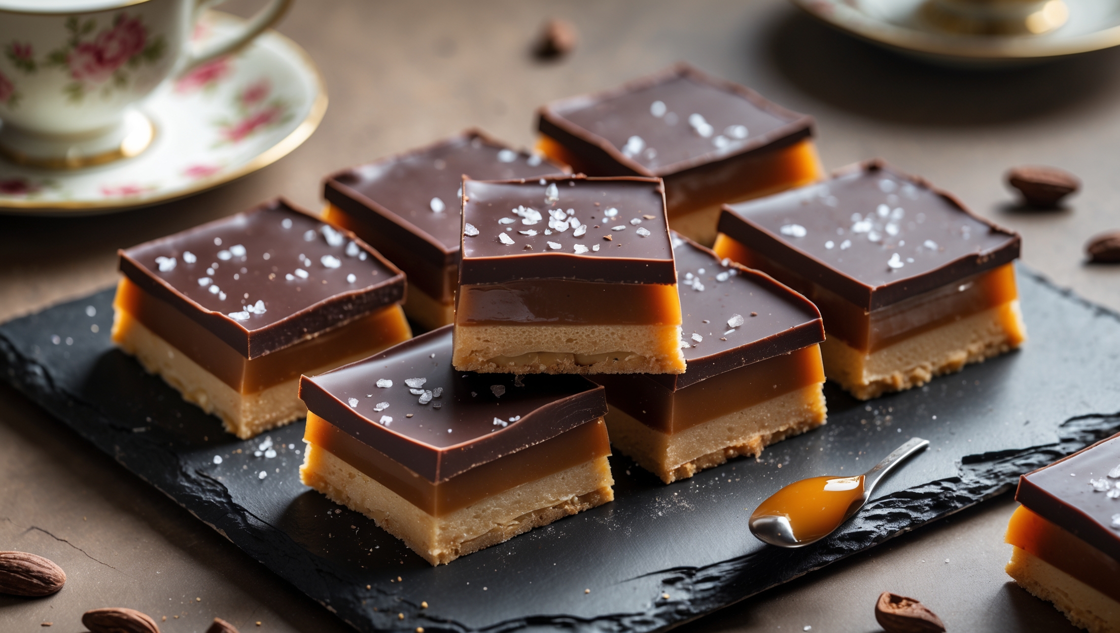 An overhead shot of perfectly cut Millionaire's Shortbread squares arranged on a matte black slate, revealing their three distinct layers: a golden shortbread base, amber caramel center, and glossy dark chocolate topping. A cross-section piece stands propped against the arrangement, showcasing the precise layers with the caramel slowly oozing. Soft natural light casts gentle shadows that highlight the tempting sheen of the chocolate top, while a light dusting of sea salt crystals sparkles against the dark surface. In the background, a vintage teacup and scattered cocoa nibs add context and depth to this classically indulgent treat.