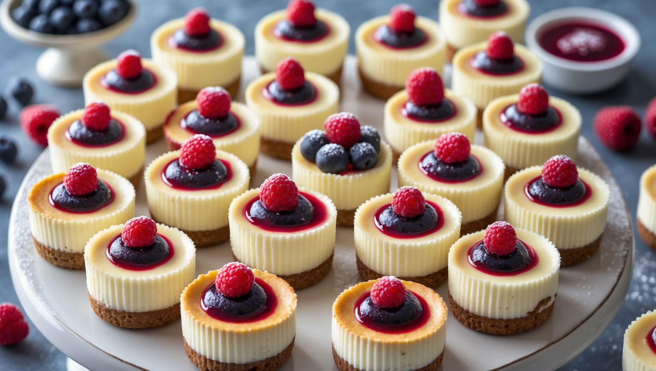 An overhead shot of perfectly portioned mini cheesecake bites arranged in a circular pattern on a white ceramic cake stand. The cheesecakes showcase a golden biscuit base with a creamy vanilla center, some topped with fresh berries that glisten under soft natural light. A cross-section view reveals the distinct layers of buttery crust and velvety cheesecake filling. In the background, scattered fresh berries, a small bowl of berry coulis, and a dusting of icing sugar create a festive presentation. The cheesecake surfaces show a perfect slight dome with no cracks, highlighting their silky smooth texture against the crisp edges of the crust.