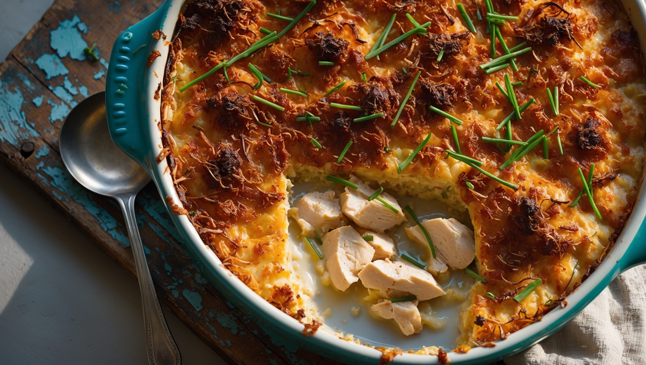 An overhead shot of the Million Dollar Chicken Casserole fresh from the oven, with golden-brown crispy topping glistening under soft natural light. A generous portion has been scooped out, revealing the creamy, cheesy layers beneath with tender pieces of chicken peeking through. The casserole is photographed in a rustic ceramic baking dish placed on a weathered wooden board, garnished with fresh chives sprinkled across the top. Steam gently rises from the dish, catching the warm light and highlighting the contrast between the crunchy topping and the luscious, velvety interior. A serving spoon rests nearby, ready to dish up this comforting meal.