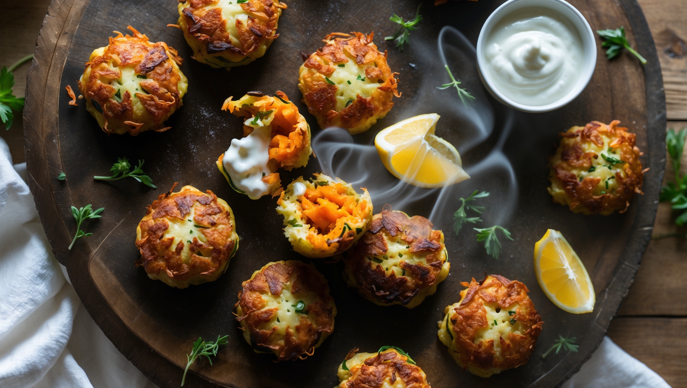 An overhead shot of golden-brown Mini Carrot & Zucchini Fritters arranged on a rustic wooden serving board, with a few fritters broken open to reveal their vibrant orange and green-flecked interior. Soft natural light highlights the crispy, lacy edges and moist center, while small ramekins of yogurt dipping sauce and lemon wedges add bright contrast. Fresh herbs are scattered around, and a gentle wisp of steam rises from the just-cooked batch, emphasizing their freshness and warmth against the textured wooden background.