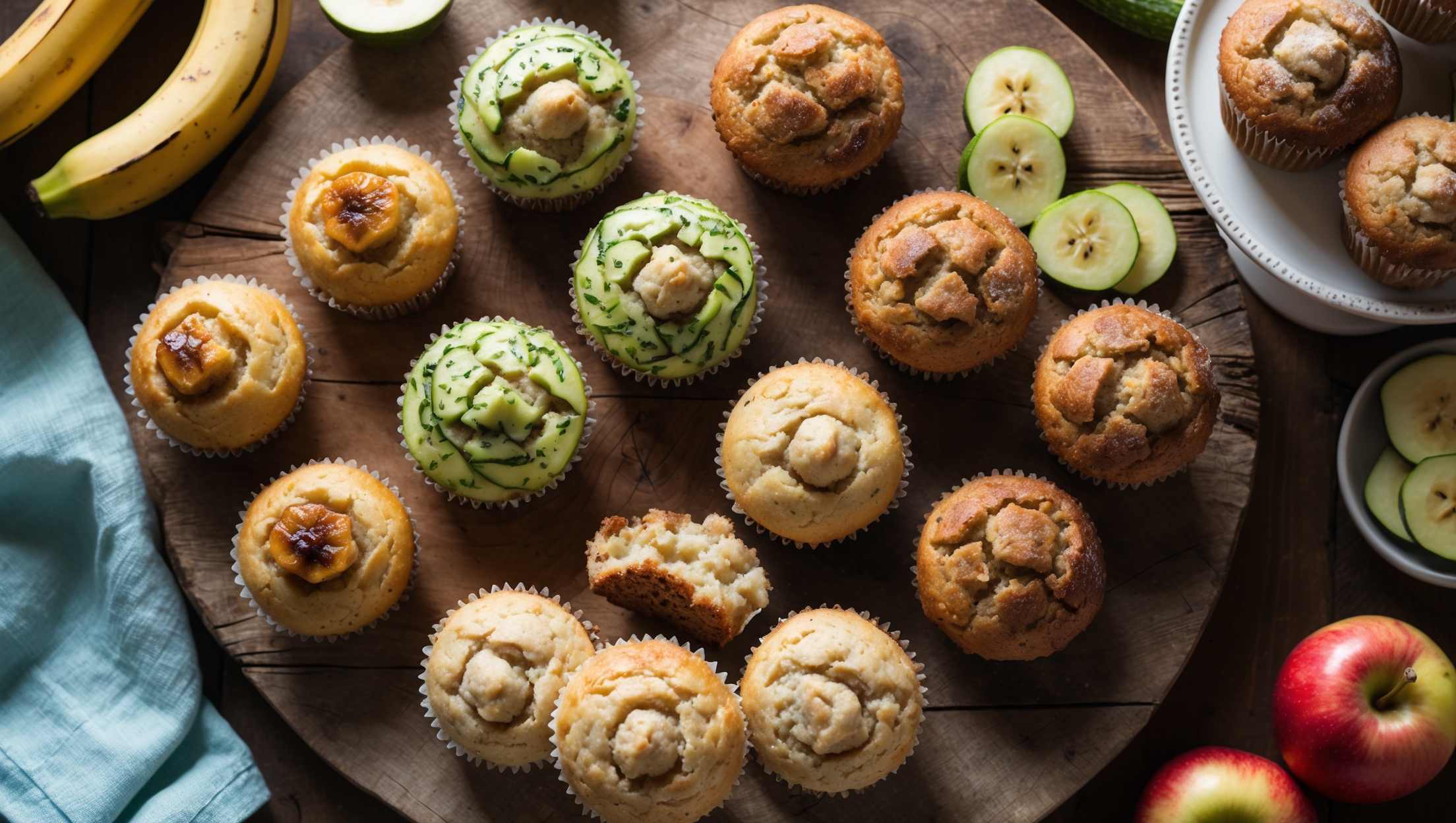 Overhead shot of a rustic wooden board displaying three varieties of golden-brown mini muffins arranged in clusters showing their distinctive characteristics—speckled banana muffins with caramelized tops, light green-flecked zucchini muffins with sugar-crusted crowns, and apple muffins with visible fruit bits and cinnamon swirls. Soft natural light streams across the scene, highlighting the perfect dome shapes and moist, tender crumb visible in one broken muffin from each variety. Small bowls of fresh ingredients—sliced bananas, grated zucchini, and diced apples—are scattered around the display alongside a vintage cake stand holding more muffins and a light blue linen napkin adding a pop of color to the warm, inviting composition.