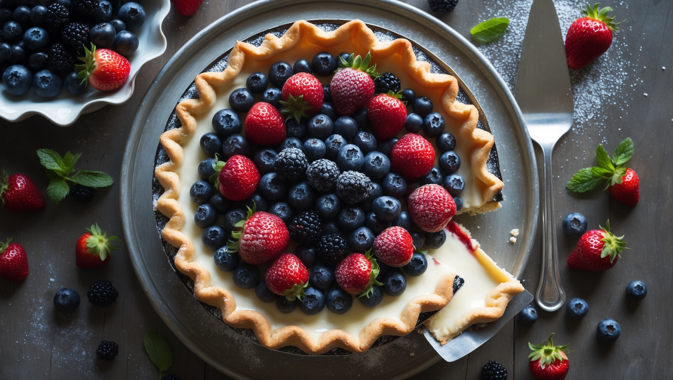 Overhead shot of a Mixed Berry Cream Pie with its golden, crimped crust framing a smooth vanilla cream filling, adorned with a spectacular array of glistening berries—ruby strawberries, indigo blueberries, and deep purple blackberries arranged in concentric circles. Soft natural light streams across the scene, highlighting the berry's natural sheen and the delicate dusting of powdered sugar. The pie rests on a weathered wooden cake stand, surrounded by scattered fresh berries and mint leaves, with a silver cake server positioned nearby. A slice has been removed, revealing the perfect layers of crisp pastry, silky cream filling, and fruit topping, inviting viewers to imagine the contrasting textures and vibrant flavors.