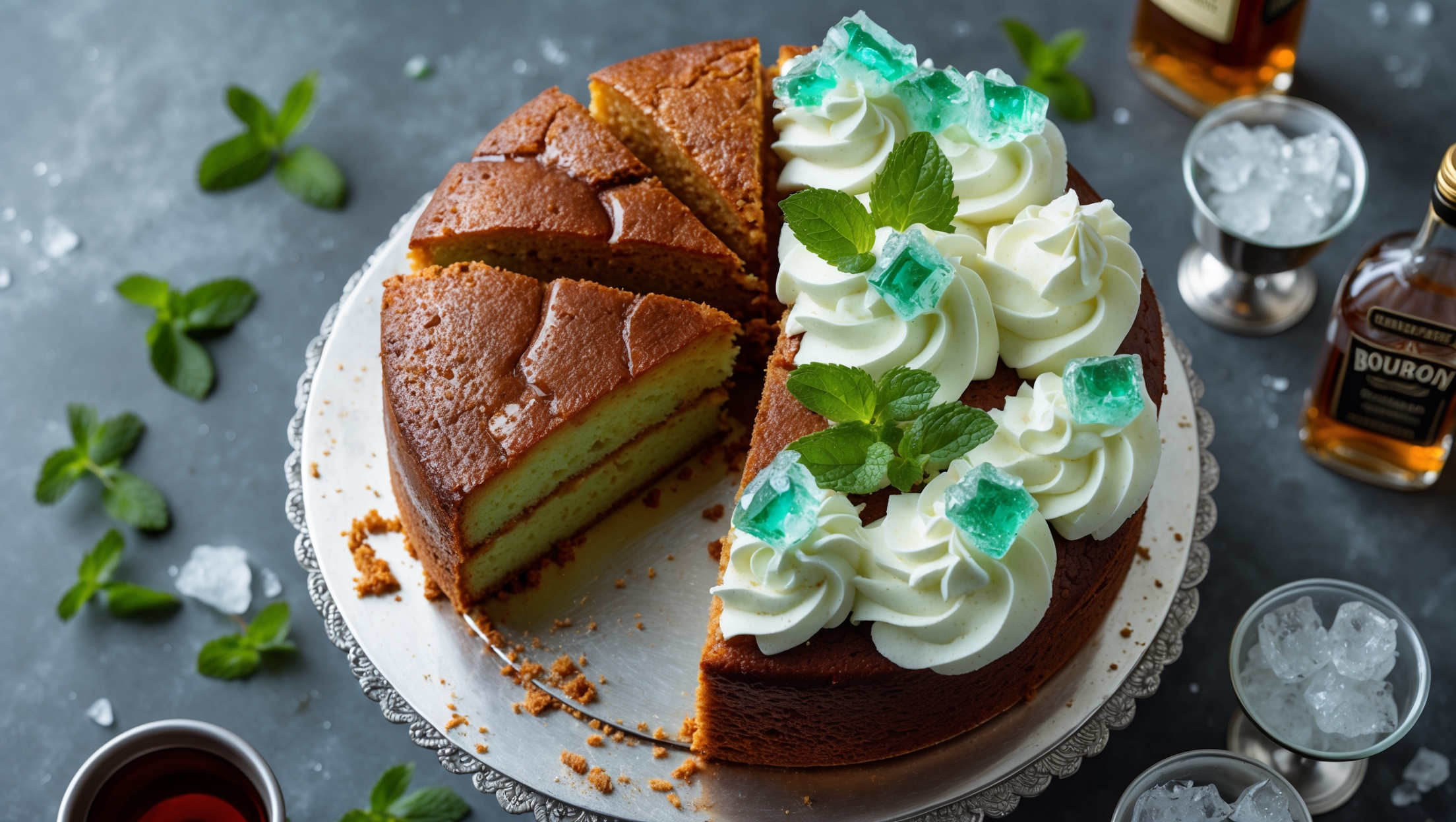 An overhead shot captures a moist, golden-brown bourbon cake on a vintage silver cake stand, with glistening mint syrup visible as it soaks into the crumb. Cross-section reveals a tender, bourbon-scented interior with flecks of fresh mint throughout. Soft natural light highlights the cloud-like swirls of bourbon-spiked whipped cream frosting, garnished with crystallized mint leaves that sparkle like emeralds. Scattered around the base are fresh mint sprigs, bourbon bottles, and crushed ice in silver julep cups, creating an elegant Southern scene perfect for Derby Day celebrations.