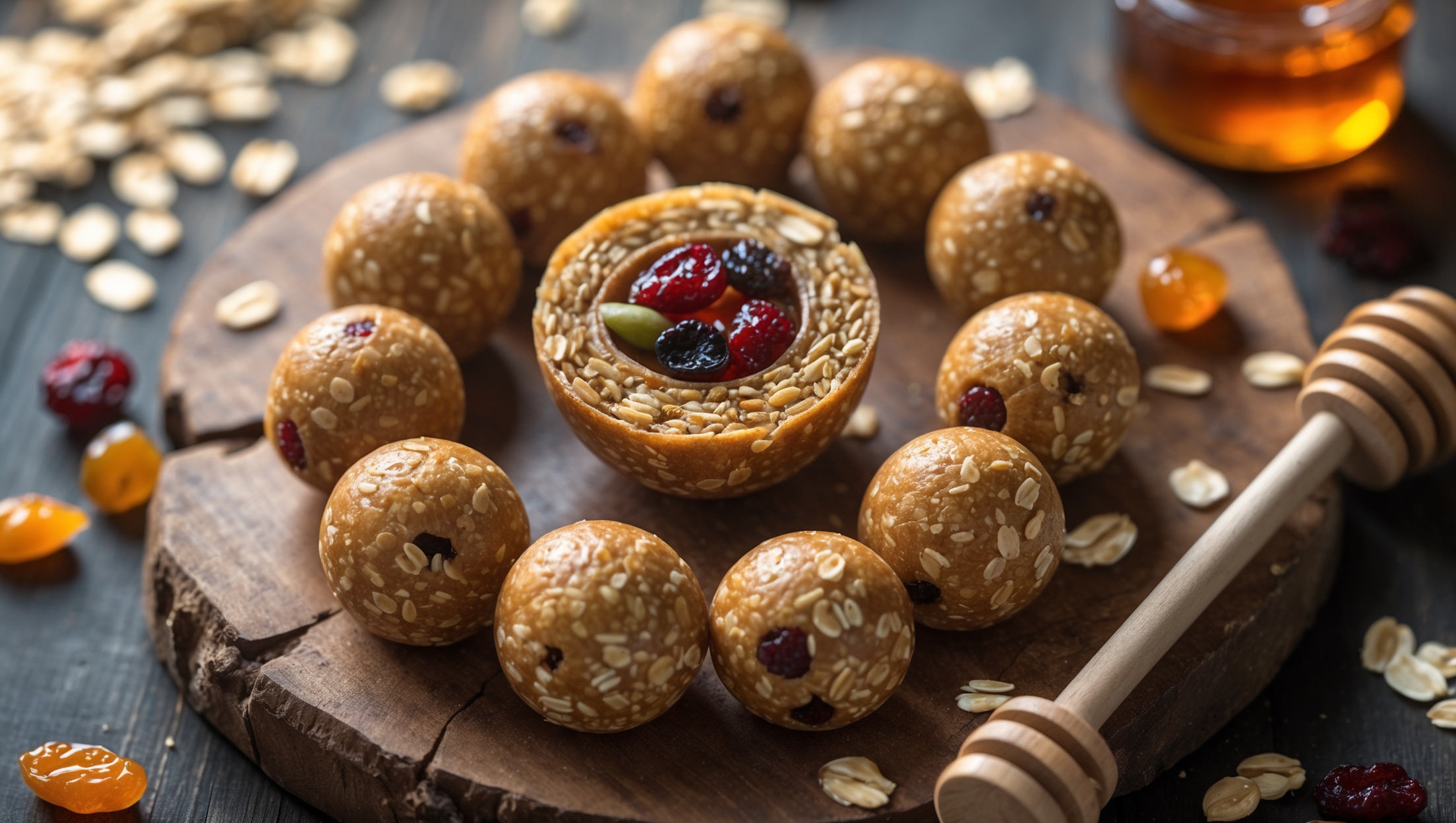 Overhead shot of golden-brown, perfectly round mini power bites arranged in a spiral pattern on a rustic wooden serving board. A cross-section view reveals the dense, textured interior studded with colorful dried fruits and seeds catching the soft natural light. Close-up details highlight the slight sheen from the honey binding, contrasting with the matte oat exterior. Scattered ingredients—whole oats, chopped nuts, and dried fruits—frame the composition, while a small jar of honey with a wooden dipper sits in the corner, its amber contents glowing in the warm light.