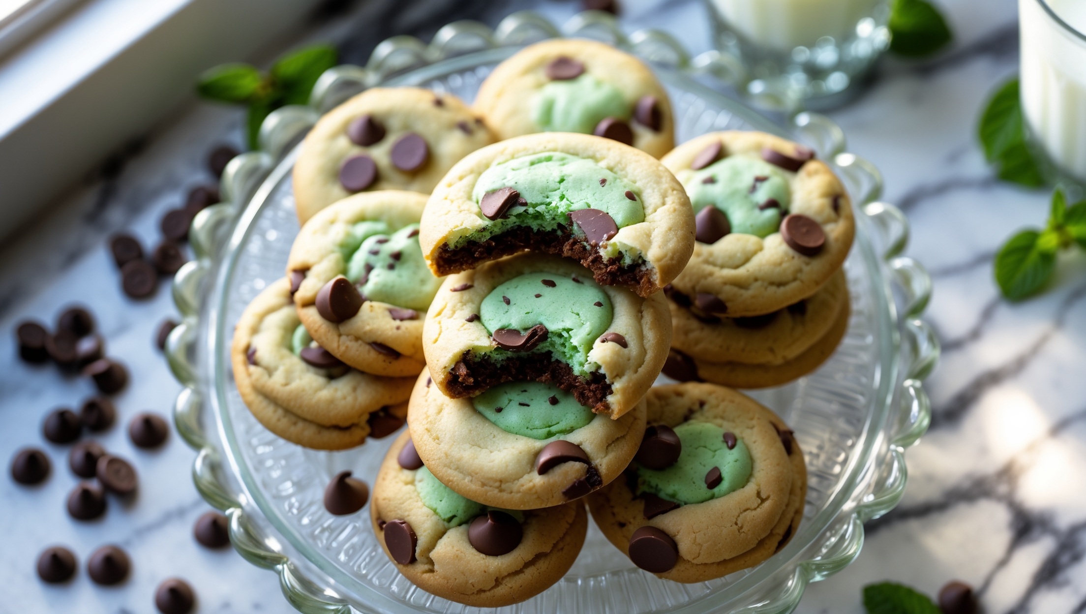 An overhead shot displays a dozen mint chocolate chip cookies arranged on a vintage milk-glass cake stand, with three cookies stacked to showcase their perfect height and texture. Natural window light casts a soft glow, highlighting the melty chocolate chips and subtle green mint-flecked dough. A partially bitten cookie reveals the chewy interior contrasting with the slightly crisp edge. In the background, scattered chocolate chips and fresh mint leaves create visual interest against a marble countertop, while a cold glass of milk stands nearby, condensation forming on its surface, suggesting the perfect pairing for these refreshing treats.