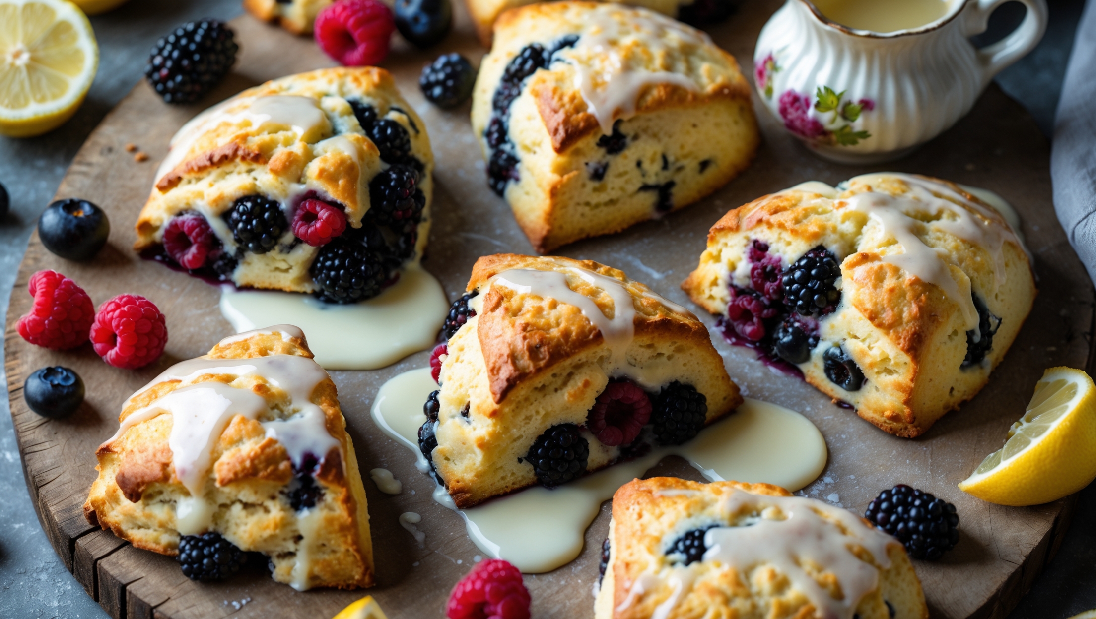 An overhead shot of golden-brown Mixed Berry Scones arranged on a rustic wooden serving board, with several scones revealing vibrant bursts of blueberries, raspberries, and blackberries inside their flaky layers. A cross-section view shows the tender, buttery interior studded with berries, while the lemon glaze catches the soft natural light, creating a glossy, inviting sheen that drips temptingly down the sides. Fresh berries and lemon slices are scattered artfully around the board, with a vintage ceramic pitcher of cream visible in the background. The contrast between the golden pastry, colorful berries, and bright white glaze creates a stunning visual appeal that highlights the homemade charm of these seasonal treats.