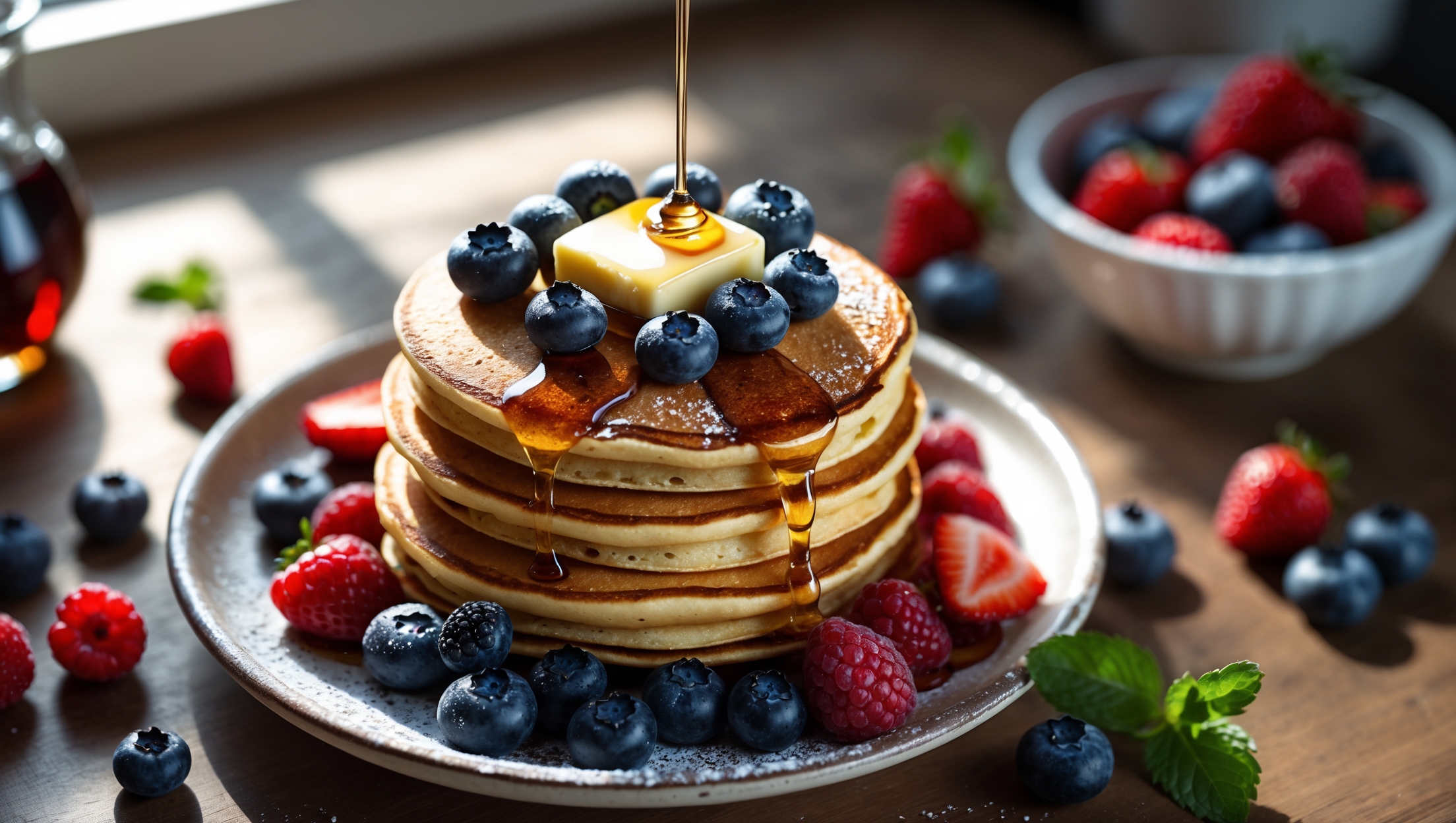 An overhead shot captures a stack of three golden-brown pancakes on a rustic white ceramic plate, with vibrant berries tumbling from the top down the sides - plump blueberries, ruby-red raspberries, and sliced strawberries create a striking color contrast against the warm pancakes. A drizzle of maple syrup cascades down the stack, catching the soft morning light streaming through a kitchen window. A pat of melting butter crowns the top pancake, with a light dusting of powdered sugar adding delicate visual texture. In the background, a small pitcher of additional syrup and a bowl of fresh mixed berries sit slightly blurred, while scattered berries and a sprig of mint provide foreground interest on the wooden table surface.