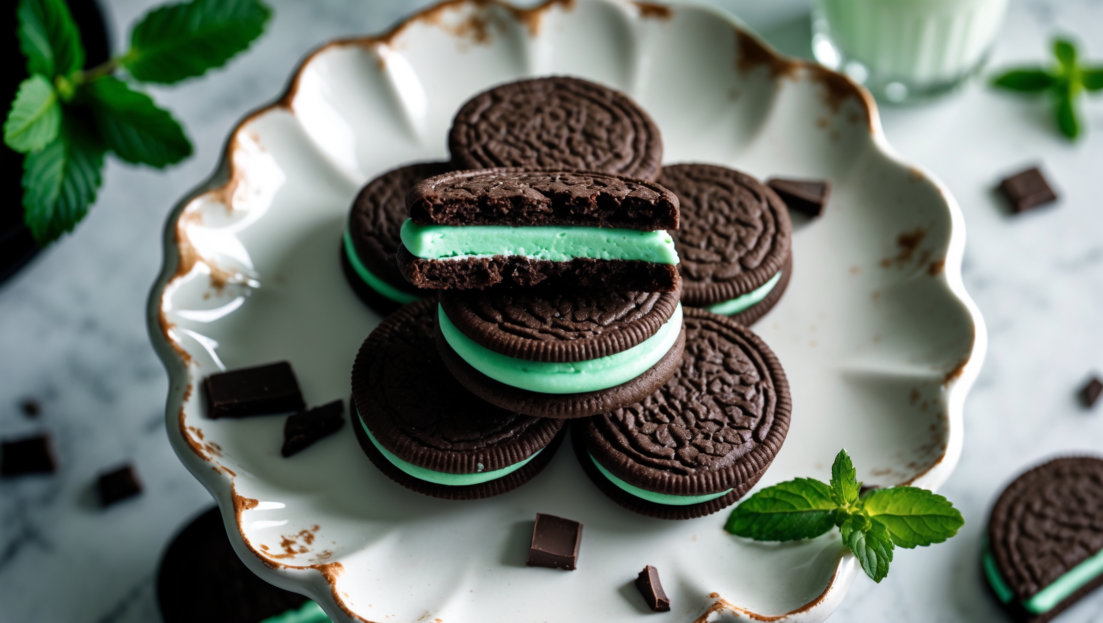 An overhead shot of mint sandwich cookies arranged in a spiral pattern on a vintage white porcelain cake stand, with a few cookies stacked to reveal the vibrant mint-green filling between the dark chocolate cookies. Shot in soft natural light highlighting the slight sheen on the chocolate cookies and creating subtle shadows that emphasize their texture. A sprig of fresh mint and scattered chocolate chunks add context and color contrast, while a partial view of a glass of milk appears in the corner. The styling suggests a sophisticated yet approachable treat, with the crisp edges of the cookies and the smooth, creamy filling clearly visible.